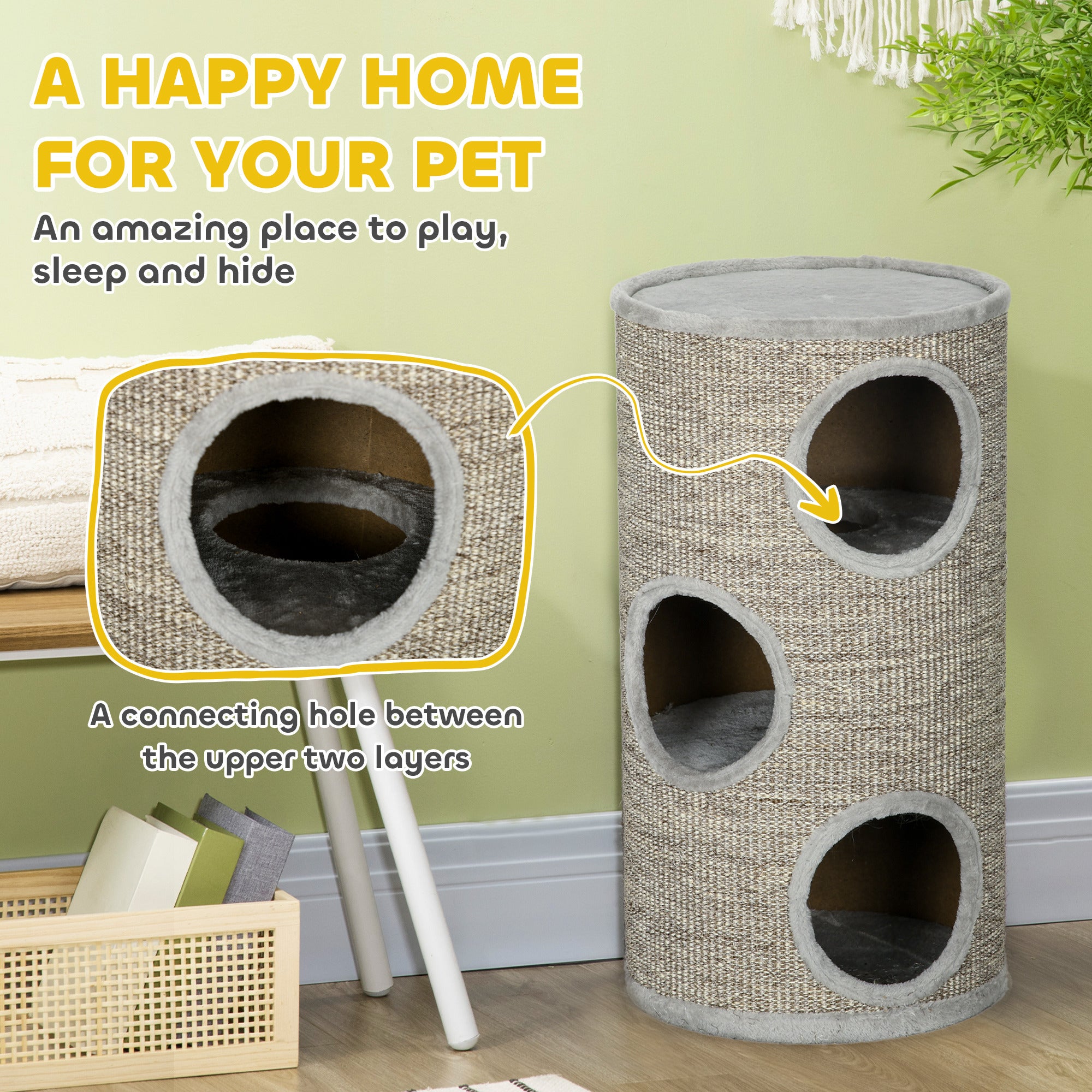 Cat Barrel Kitten Tree Tower for Indoor Cats, Cat Climbing Frame, Covered in Sisal, Cosy Platform - Light Grey
