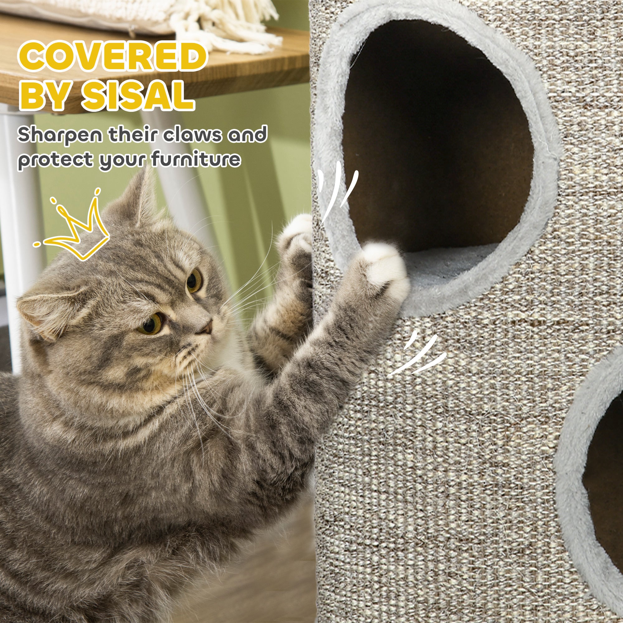 Cat Barrel Kitten Tree Tower for Indoor Cats, Cat Climbing Frame, Covered in Sisal, Cosy Platform - Light Grey