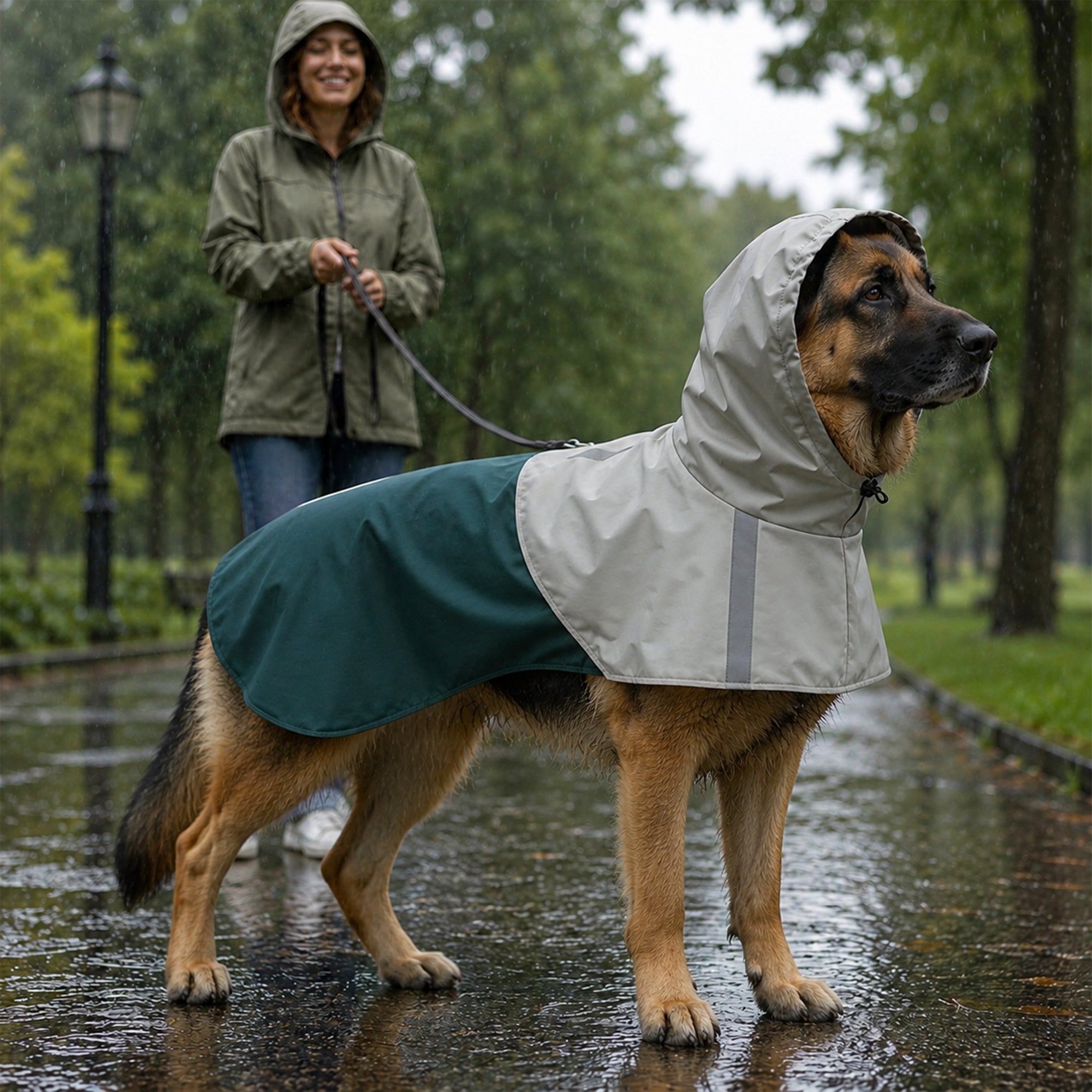 Dog Raincoat with Hood, Waterproof & Breathable Rain Jacket with Reflective Strips and Leash Hole, Adjustable Poncho for Extra Large Dogs, 30-40 KG Available, Green, XL