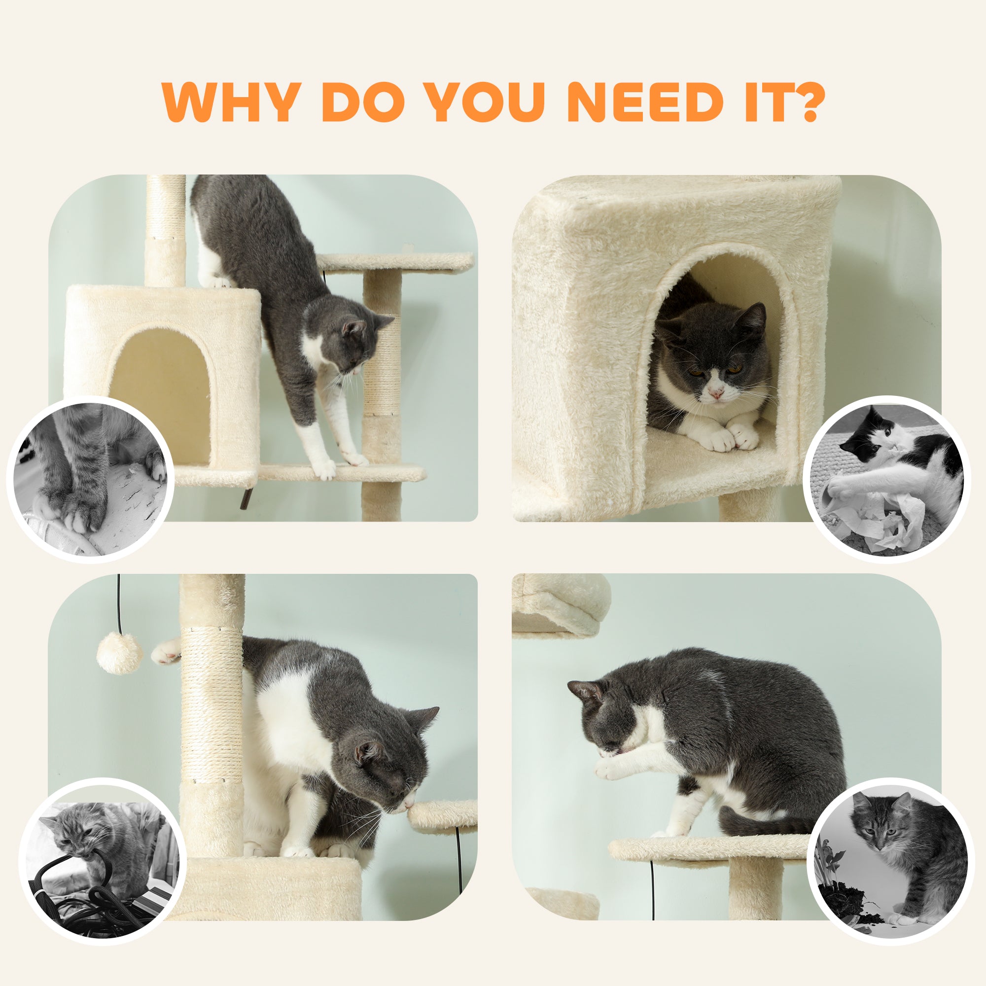 Cat Tree, 202cm Large Cat Tower for Indoor Kittens with 6 Scratching Posts, 2 Condos, 2 Perches, 2 Hammocks, Pompoms, Multi-Level Plush Kitty Activity Centre for Rest and Play, Beige