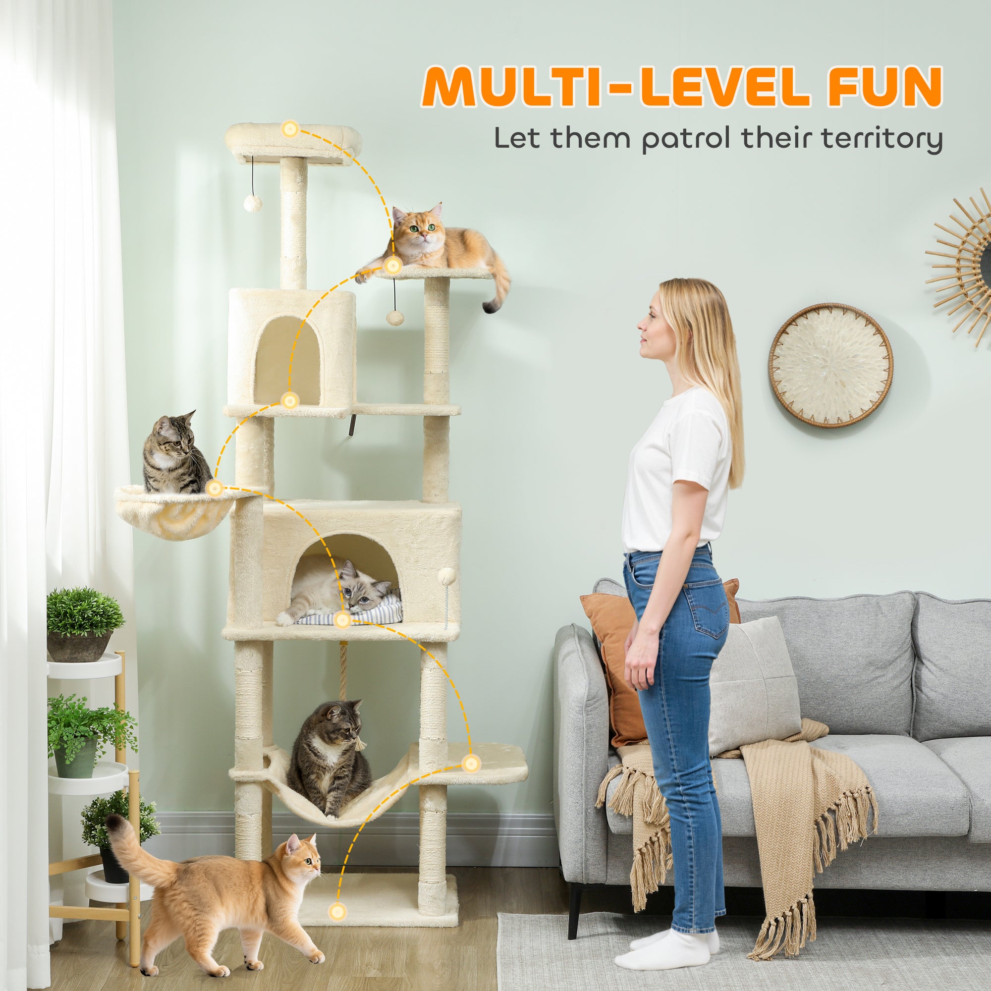 Cat Tree, 202cm Large Cat Tower for Indoor Kittens with 6 Scratching Posts, 2 Condos, 2 Perches, 2 Hammocks, Pompoms, Multi-Level Plush Kitty Activity Centre for Rest and Play, Beige
