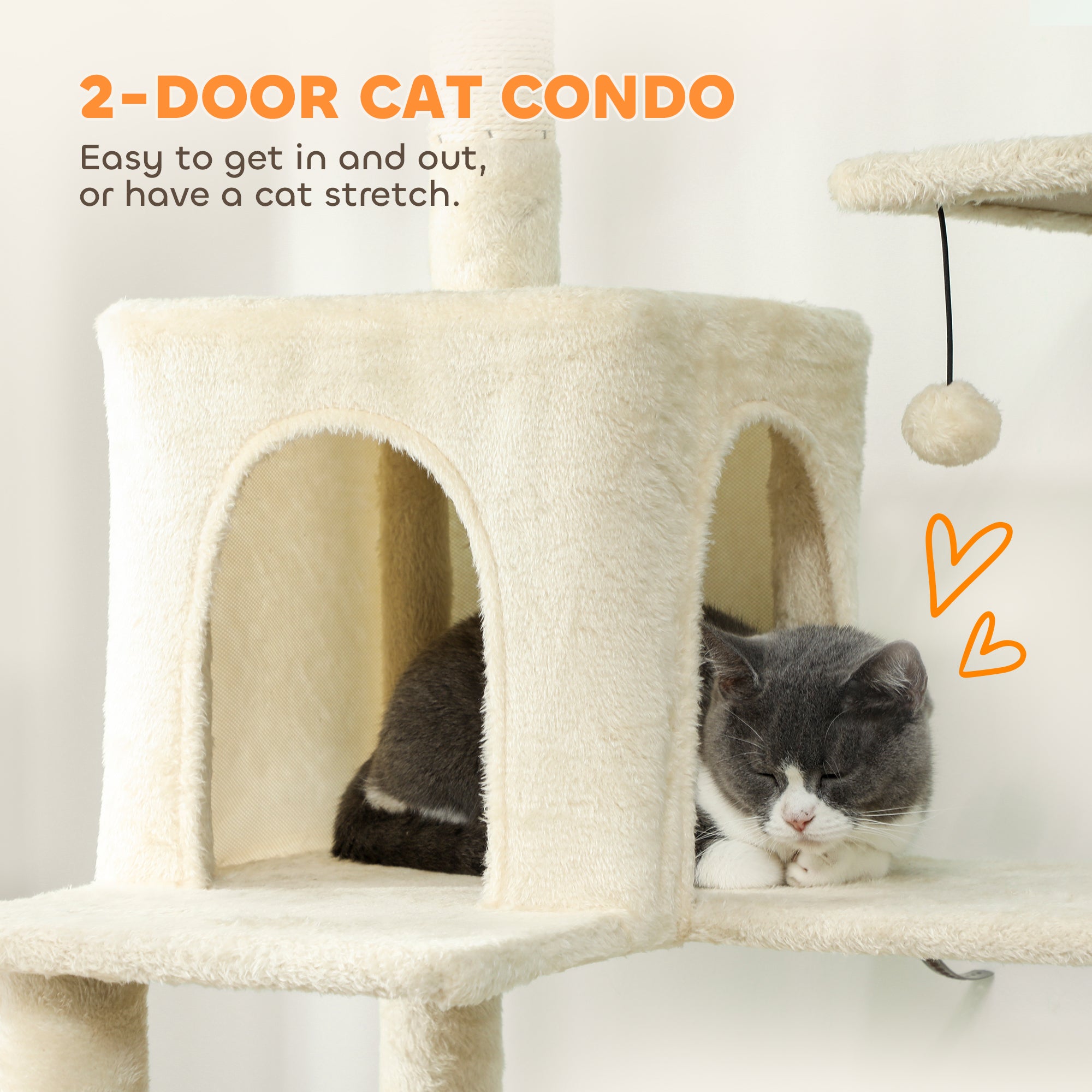 Cat Tree, 202cm Large Cat Tower for Indoor Kittens with 6 Scratching Posts, 2 Condos, 2 Perches, 2 Hammocks, Pompoms, Multi-Level Plush Kitty Activity Centre for Rest and Play, Beige