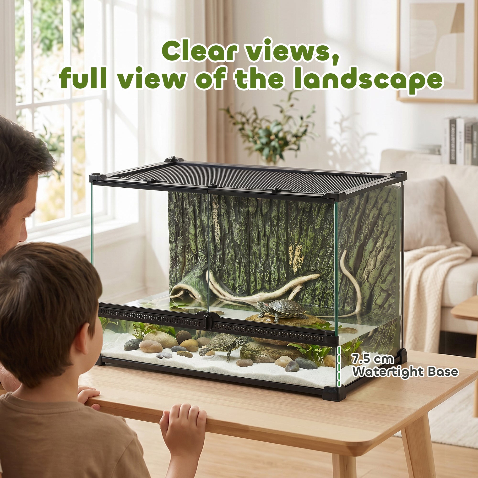 Reptile Glass Terrarium, Reptile Vivarium with Tree Bark Background, Front Ventilation, Escape-Proof Knob Lock, Glass Enclosure for Lizards, Horned Frogs, Snakes, 50 x 30 x 35 cm, Black