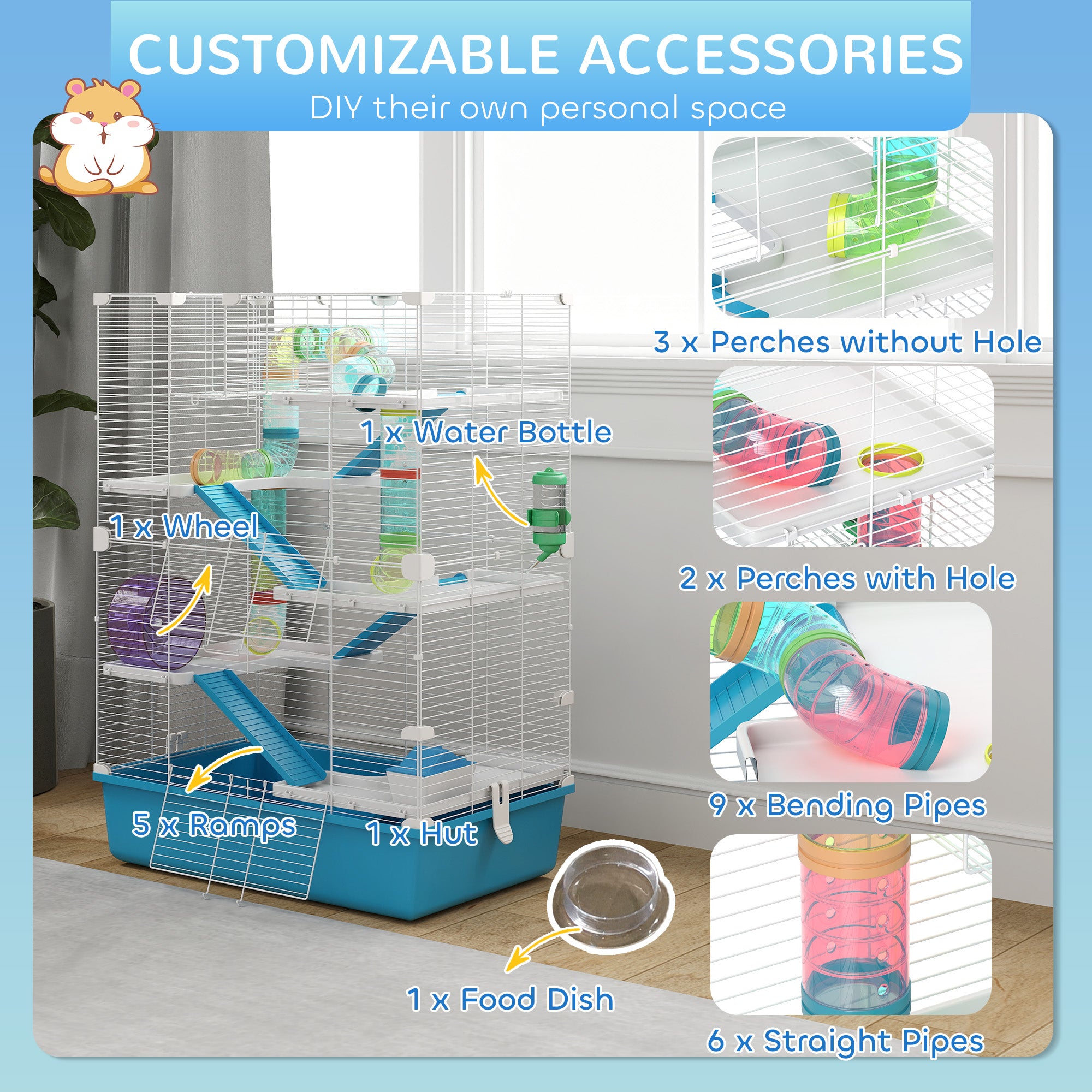 PawHut Hamster Cage, 6 Tier Small Animal Cage with Tubes and Tunnels, 32" DIY Design Large Hamster Cage with Hut, Wheel, Food Dish, Water Bottle, Ramps, for Dwarf & Gerbil, Light Blue