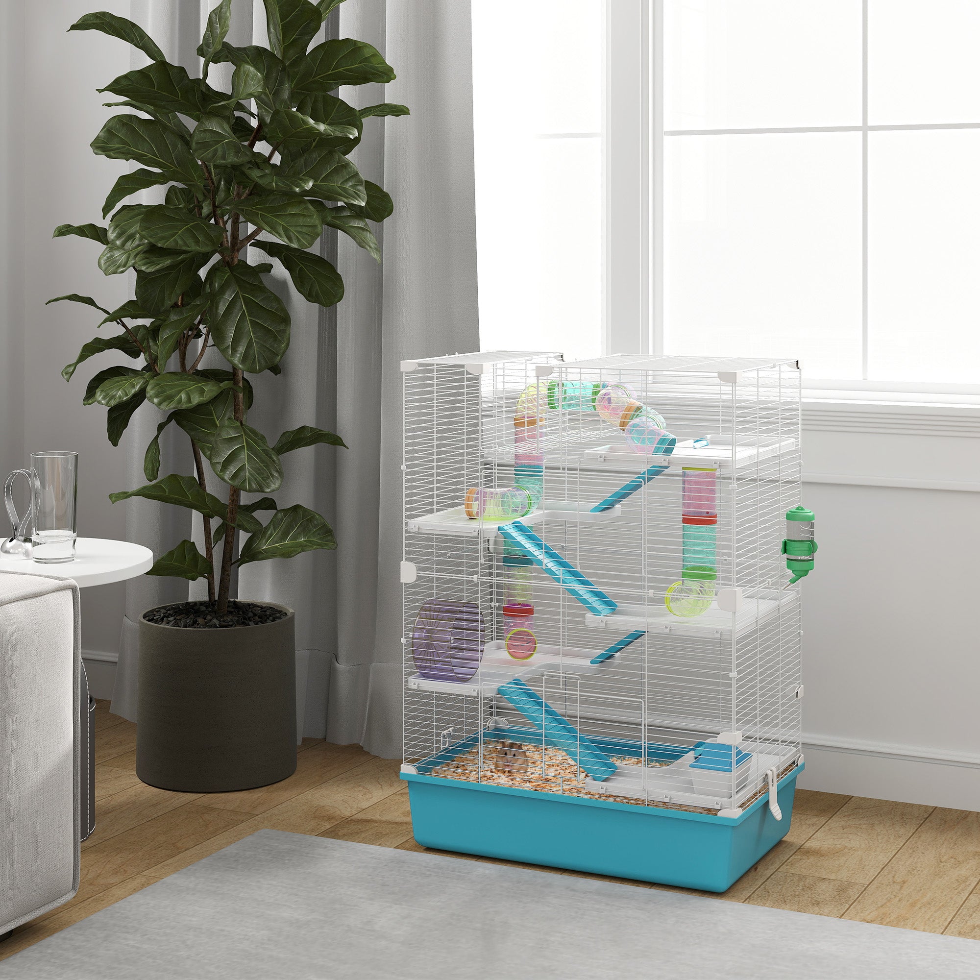 PawHut Hamster Cage, 6 Tier Small Animal Cage with Tubes and Tunnels, 32" DIY Design Large Hamster Cage with Hut, Wheel, Food Dish, Water Bottle, Ramps, for Dwarf & Gerbil, Light Blue