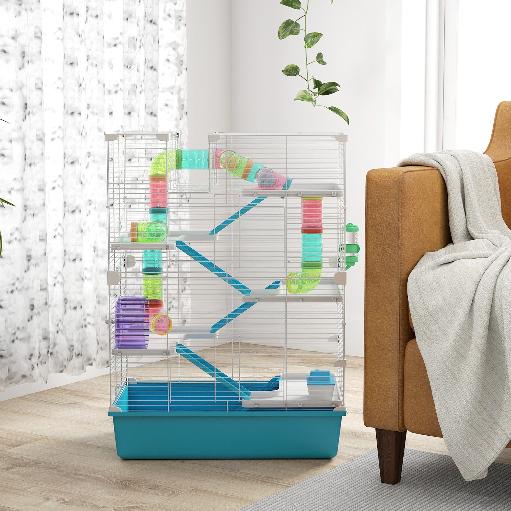 PawHut Hamster Cage, 6 Tier Small Animal Cage with Tubes and Tunnels, 32" DIY Design Large Hamster Cage with Hut, Wheel, Food Dish, Water Bottle, Ramps, for Dwarf & Gerbil, Light Blue