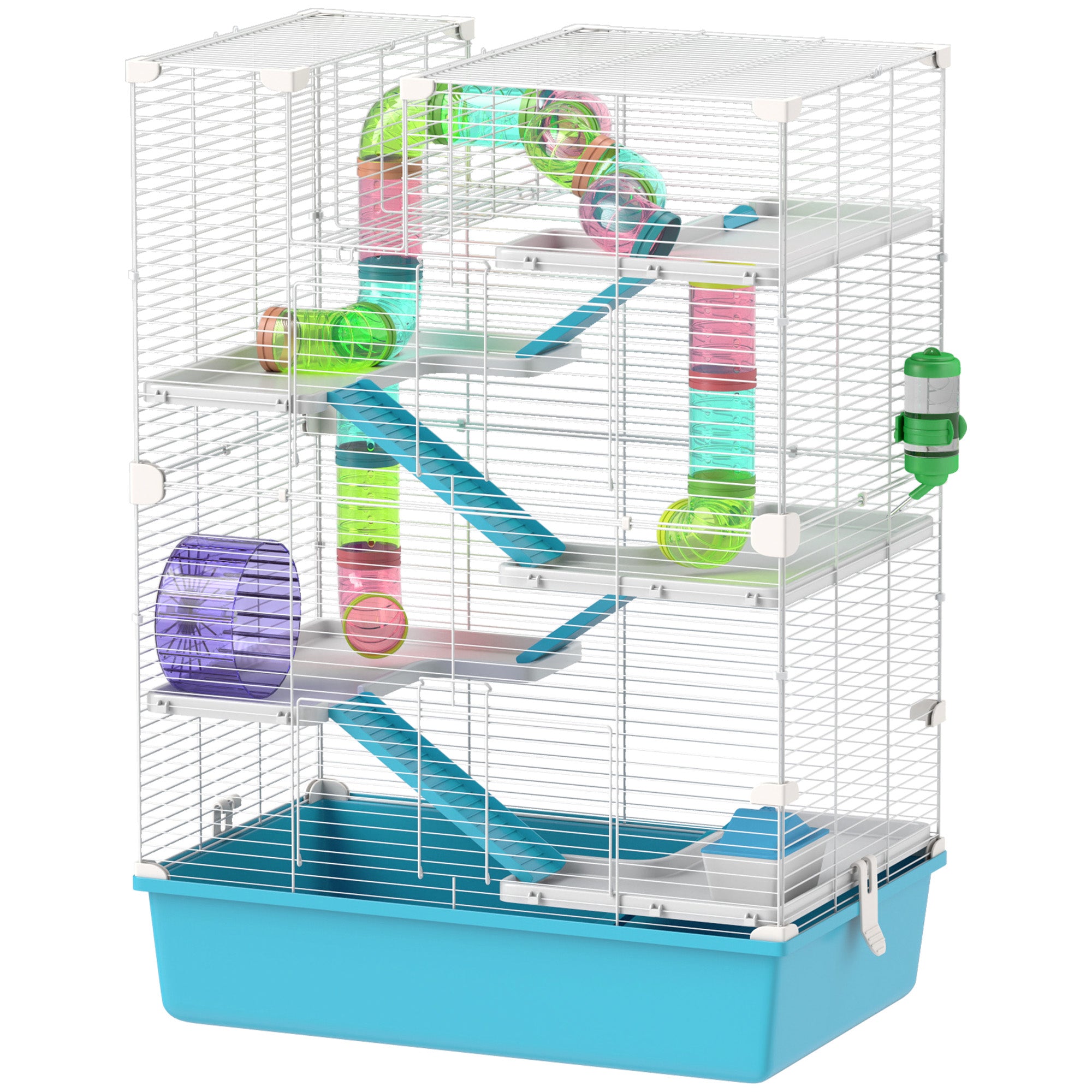 PawHut Hamster Cage, 6 Tier Small Animal Cage with Tubes and Tunnels, 32" DIY Design Large Hamster Cage with Hut, Wheel, Food Dish, Water Bottle, Ramps, for Dwarf & Gerbil, Light Blue