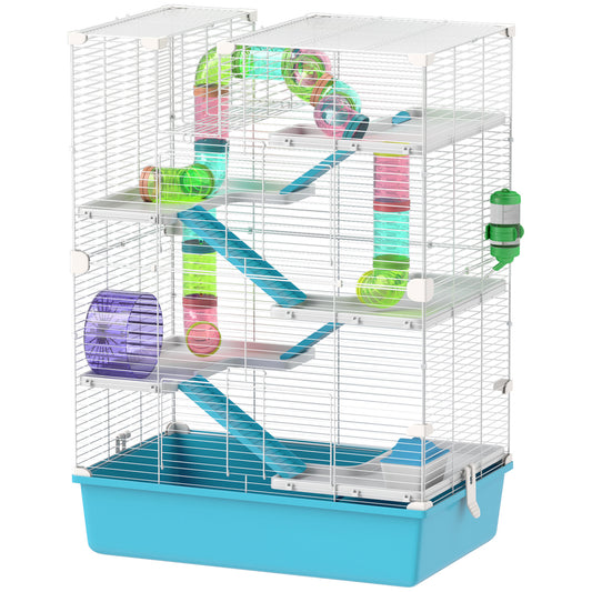 PawHut Hamster Cage, 6 Tier Small Animal Cage with Tubes and Tunnels, 32" DIY Design Large Hamster Cage with Hut, Wheel, Food Dish, Water Bottle, Ramps, for Dwarf & Gerbil, Light Blue