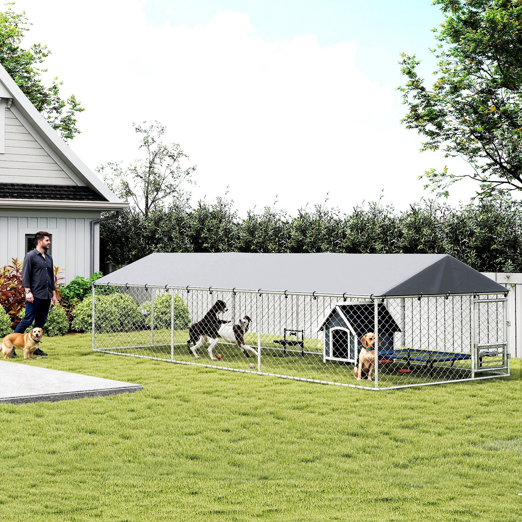 Outdoor Dog Kennel with Roof, 20' x 7.5' x 5' Chain Link Dog Run with Waterproof UV-Resistant Cover, Double Secure Locks, Adjustable Rotating Bowls, for Large Breeds, Chickens, Ducks, Geese