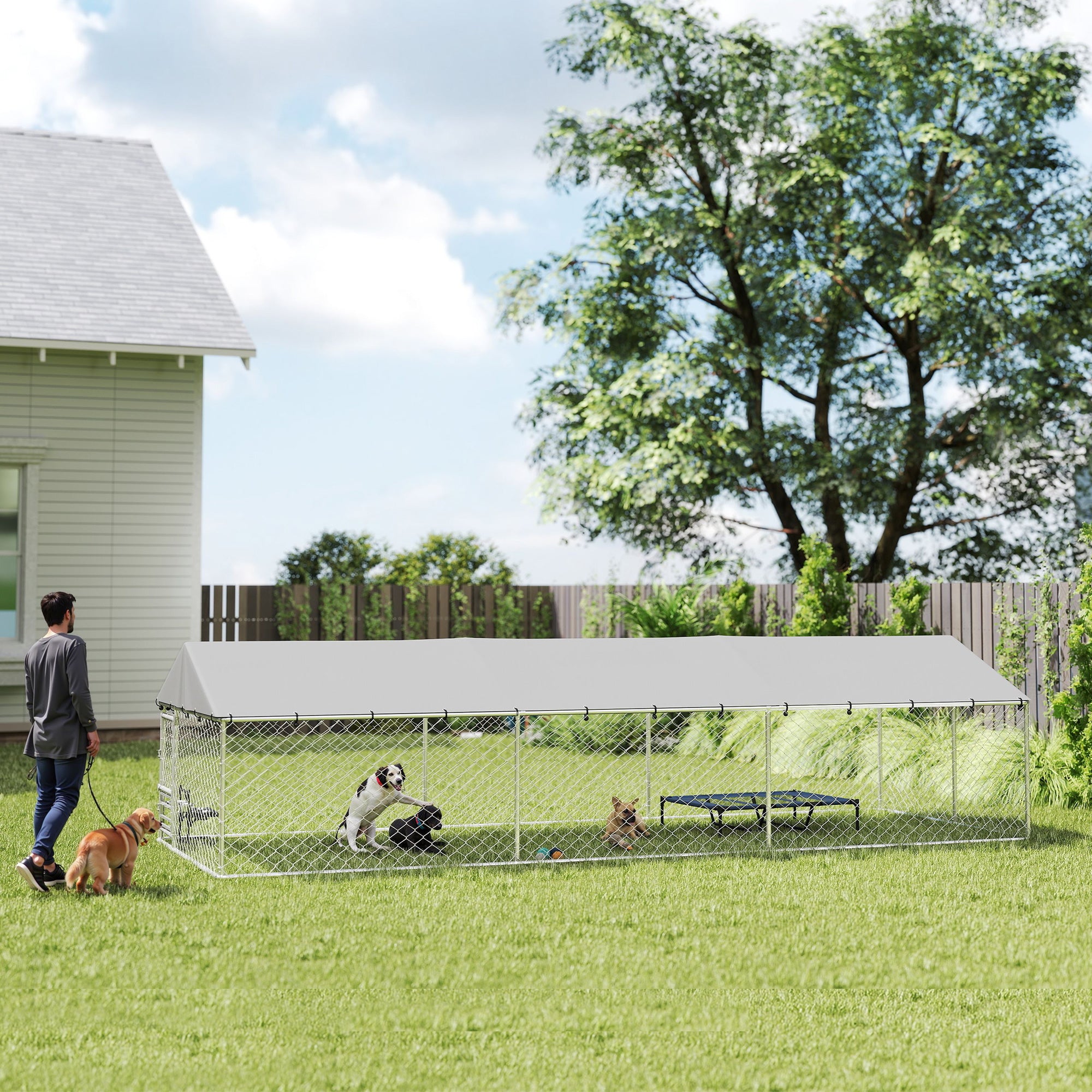 Outdoor Dog Kennel with Roof, 20' x 7.5' x 5' Chain Link Dog Run with Waterproof UV-Resistant Cover, Double Secure Locks, Adjustable Rotating Bowls, for Large Breeds, Chickens, Ducks, Geese