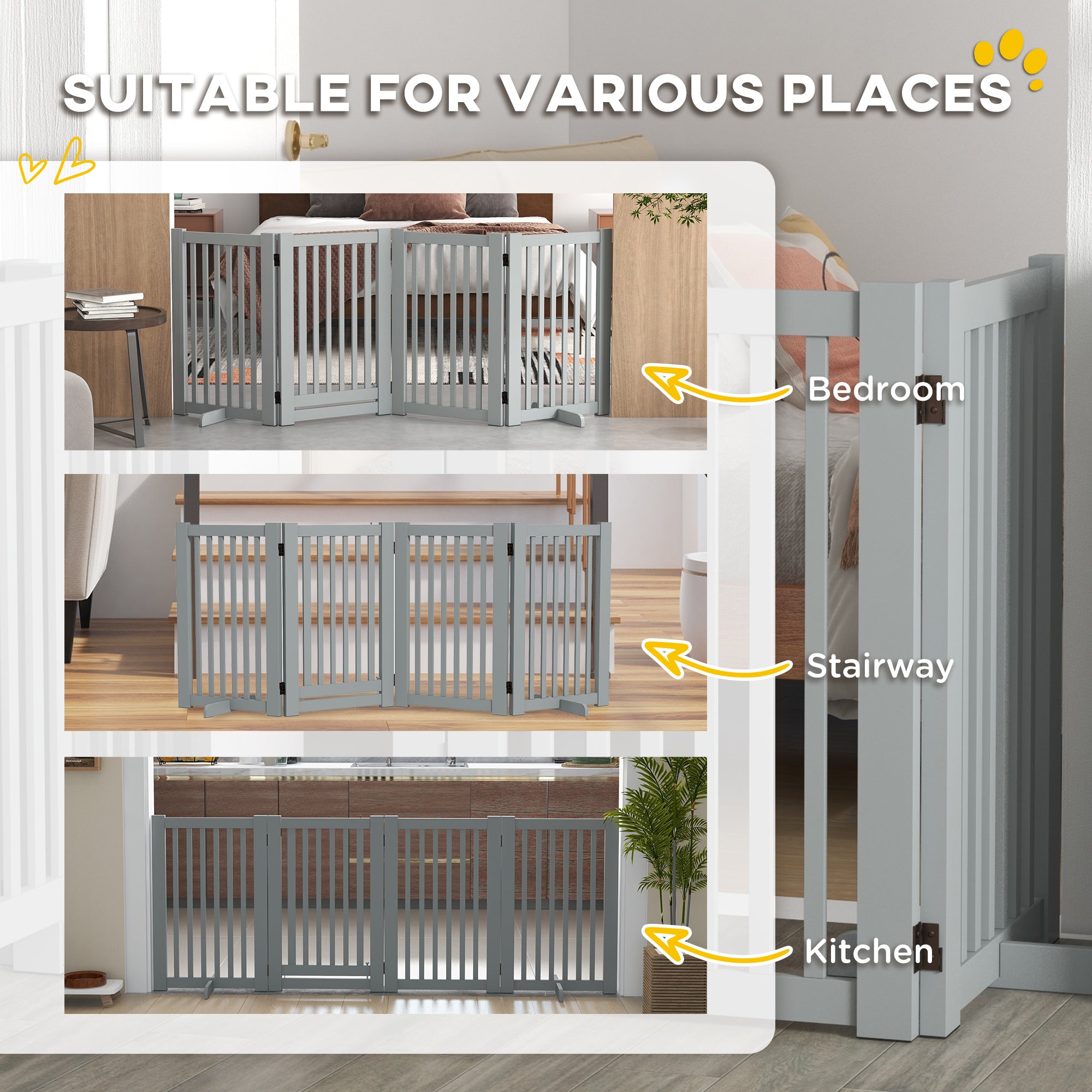30"H Foldable Dog Gate with Door, 4 Panels Freestanding Pet Gate Barriers Indoor with Support Feet, Puppy Fence for Dogs, Light Grey