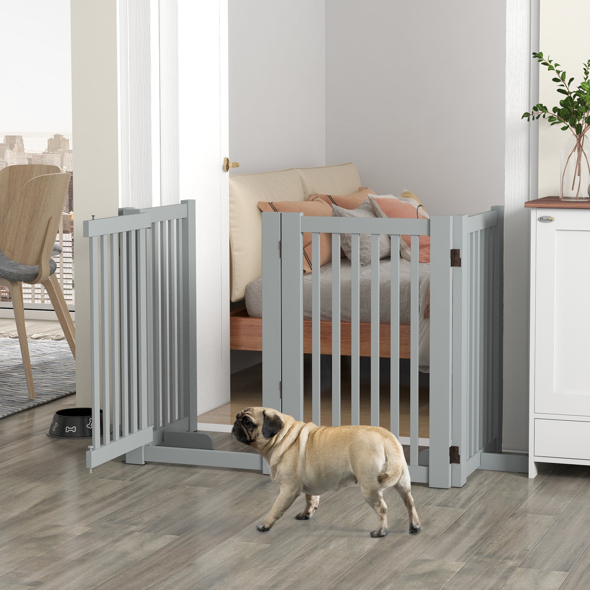30"H Foldable Dog Gate with Door, 4 Panels Freestanding Pet Gate Barriers Indoor with Support Feet, Puppy Fence for Dogs, Light Grey