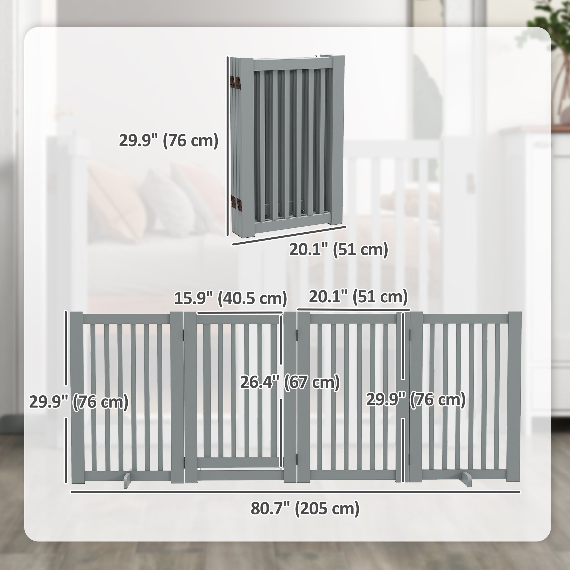30"H Foldable Dog Gate with Door, 4 Panels Freestanding Pet Gate Barriers Indoor with Support Feet, Puppy Fence for Dogs, Light Grey