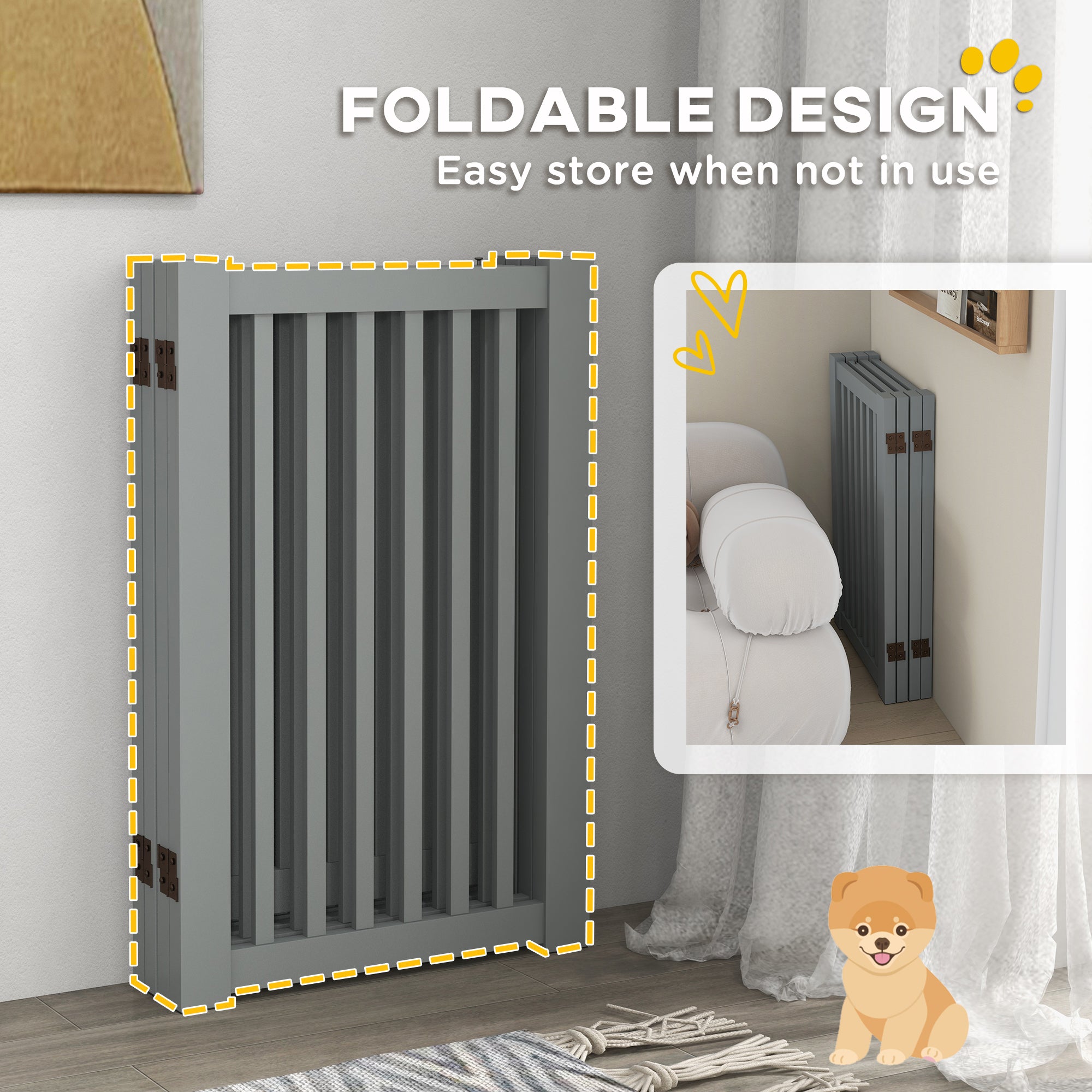 30"H Foldable Dog Gate with Door, 4 Panels Freestanding Pet Gate Barriers Indoor with Support Feet, Puppy Fence for Dogs, Light Grey