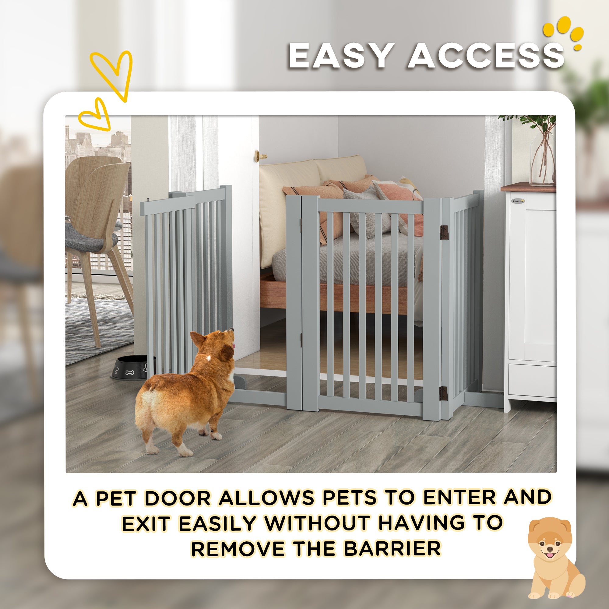 30"H Foldable Dog Gate with Door, 4 Panels Freestanding Pet Gate Barriers Indoor with Support Feet, Puppy Fence for Dogs, Light Grey