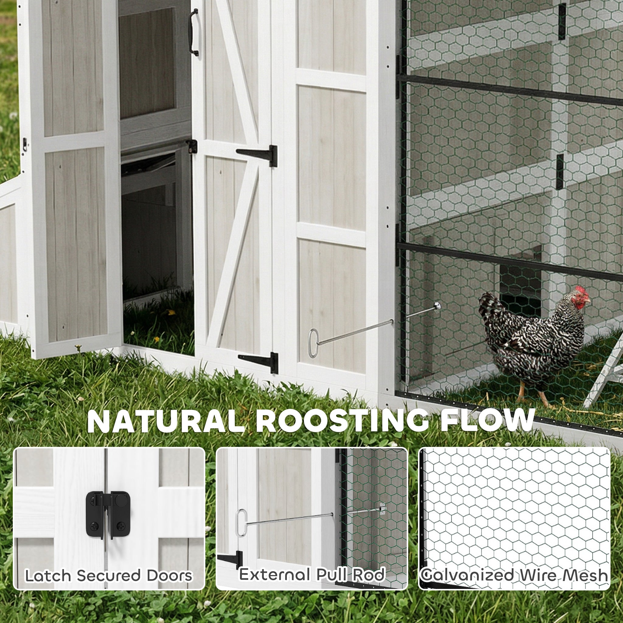 212"L Large Chicken Coop for 10-15 Hens, Walk-in Outdoor Chicken House with Run, Nesting Box, Waterproof Roof, Perches, Wooden Hen House Poultry Cage for Ducks, Rabbits, Light Gray