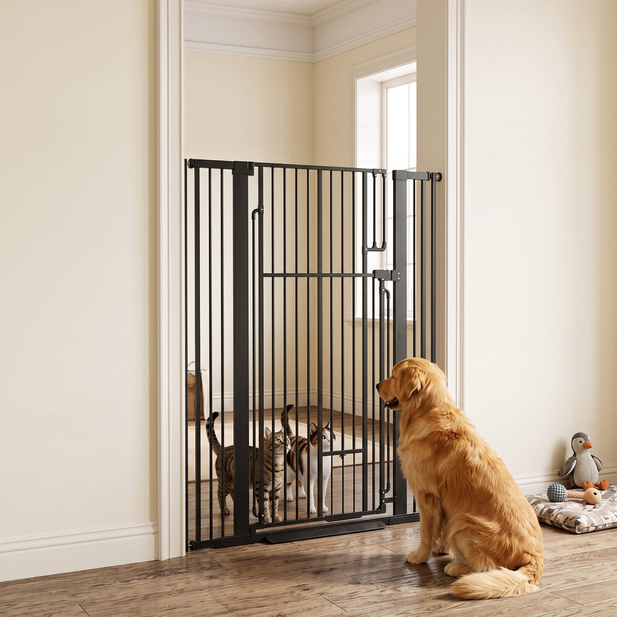 53.1" Tall Pet Gate with Cat Door, 32"-42.5" Wide Adjustable Pressure Mounted Dog Gate for Doorways, Hallways, Stairs, Includes 2 Extensions, No Drilling, Black