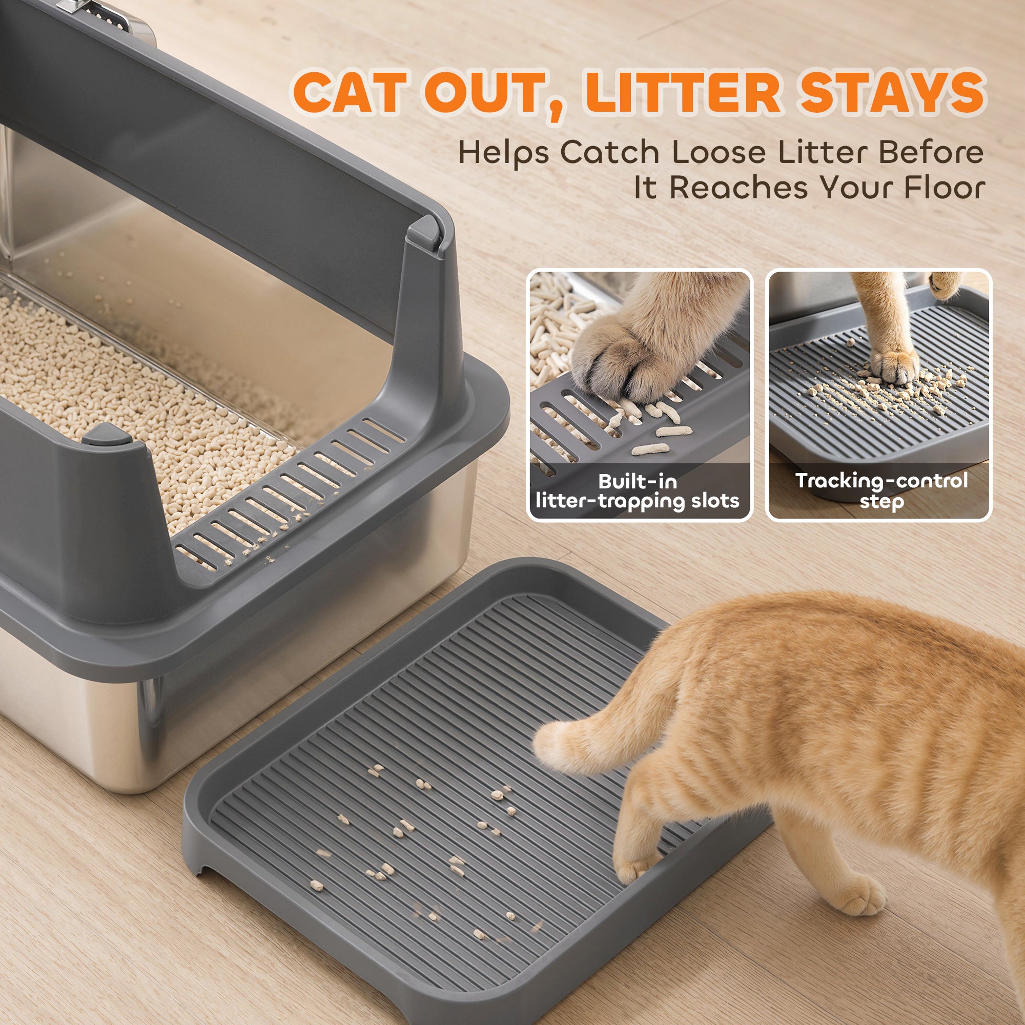 2 Pack XL Stainless Steel Litter Box, Extra Large Metal Cat Litter Box High Sided for Big and Multiple Cats, Semi-Enclosed with Tracking Step, Stainless Steel Scoops, Anti-Urine Leakage