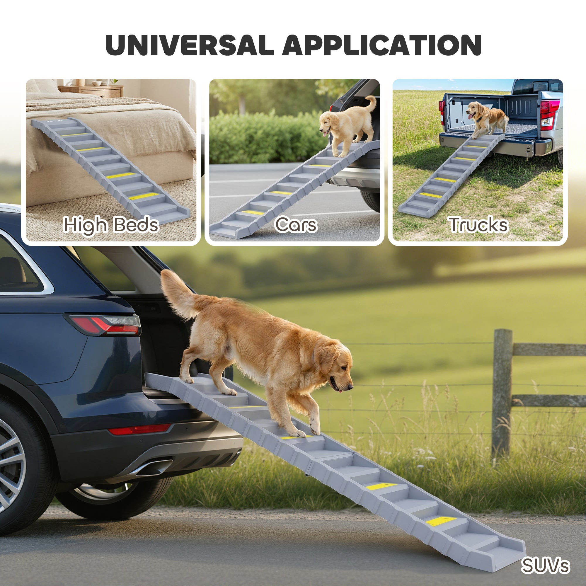 Dog Ramp for Cars, Trucks, SUVs, Foldable 10 Step Pet Stairs Non-Slip for Small to Medium Dogs, Lightweight Pet Ramp Supports up to 150 lbs., for Indoor Outdoor, Grey