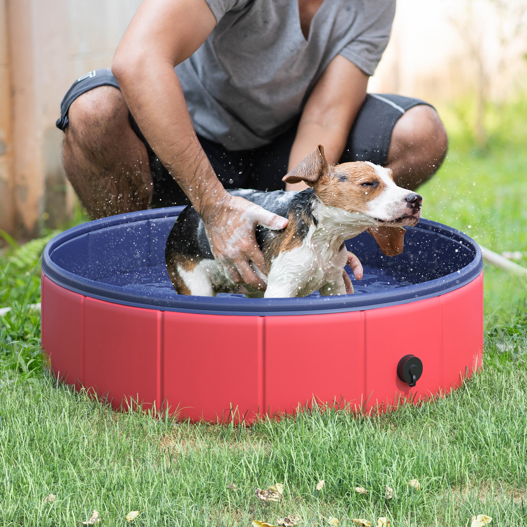 Foldable Dog Pool, 80 x 20 cm Pet Paddling Pool with Wood Board Support and Anti-Slip Bottom, Portable Doggy Paddling Pool for Garden and Outdoor Use, Red