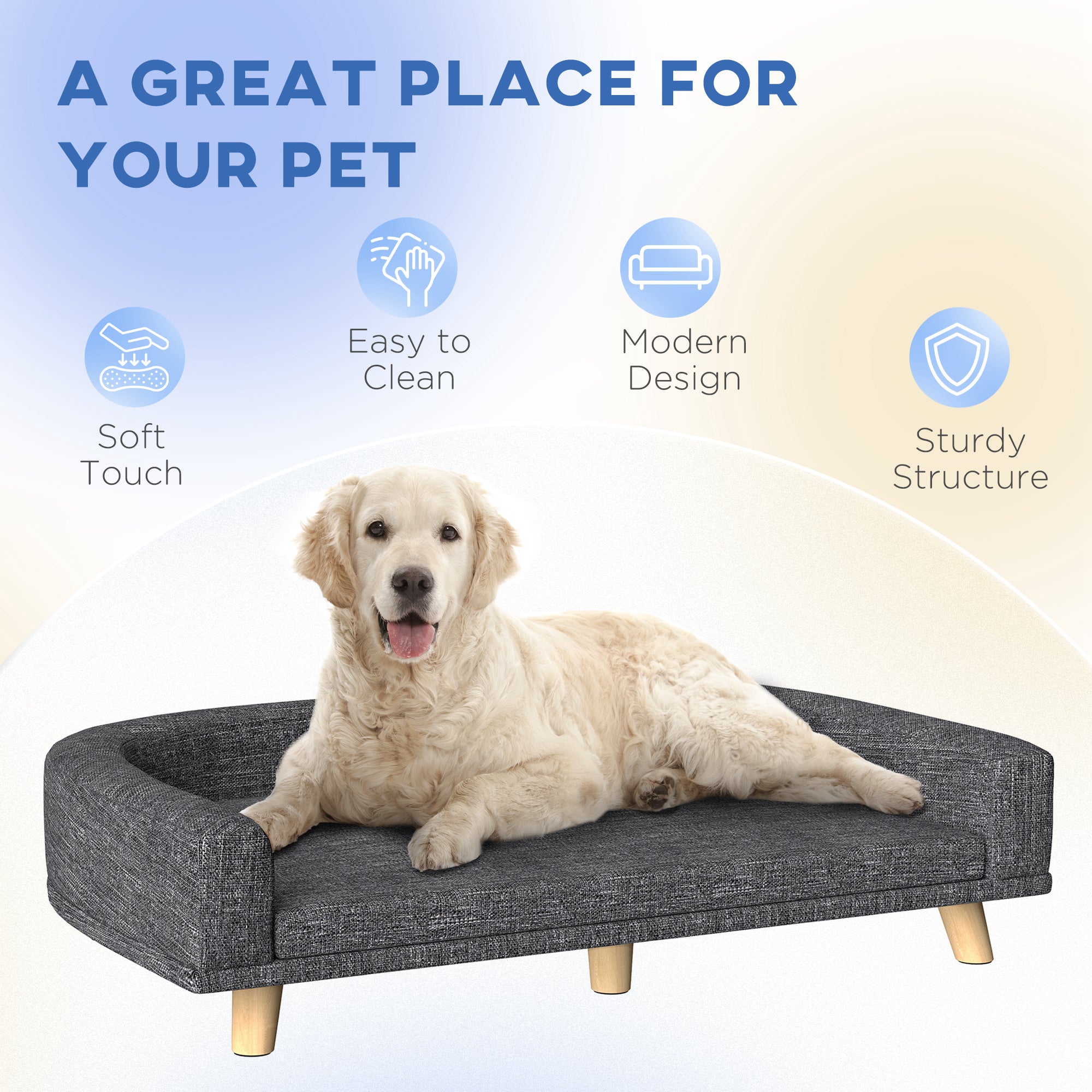 Dog Sofa, Dog Couch Bed for Large Dogs, Elevated Pet Cat Sofa Bed with Removable Washable Cover, Anti-slip Foot Pads, Dark Grey