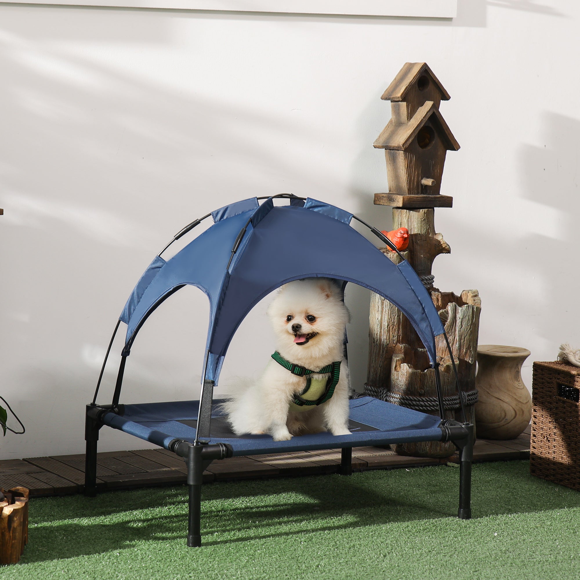 Raised Dog Bed Waterproof Elevated Pet Cot with Breathable Mesh UV Protection Canopy Blue, for Small Dogs, 61 x 46 x 62cm