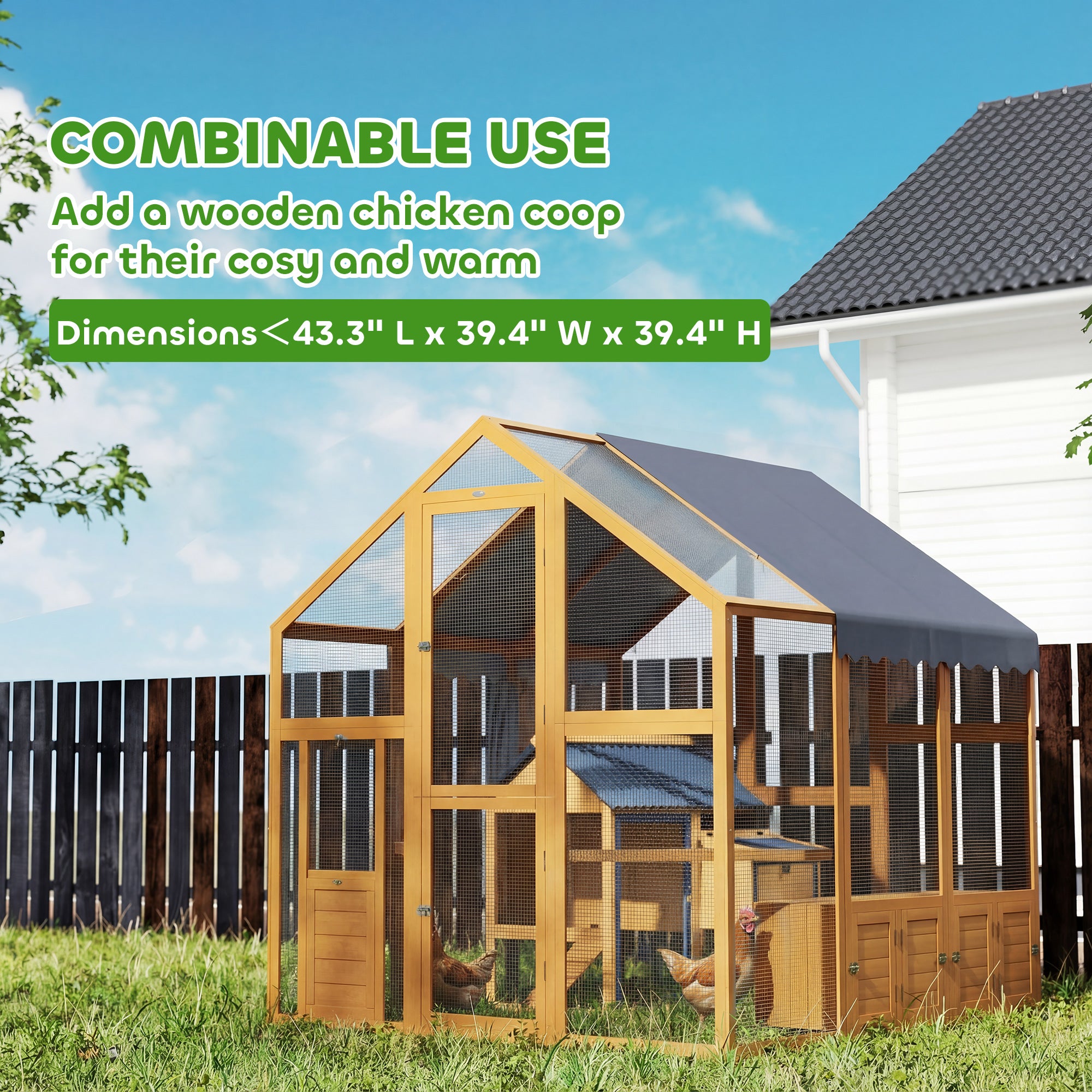 Large Wooden Chicken Coop for 6-8 Hens, Walk-in Chicken Run with Waterproof Cover, Nesting Boxes and Perches, Outdoor Poultry Cage Rabbit Hutch for Backyard, 66" x 72" x 72", Yellow