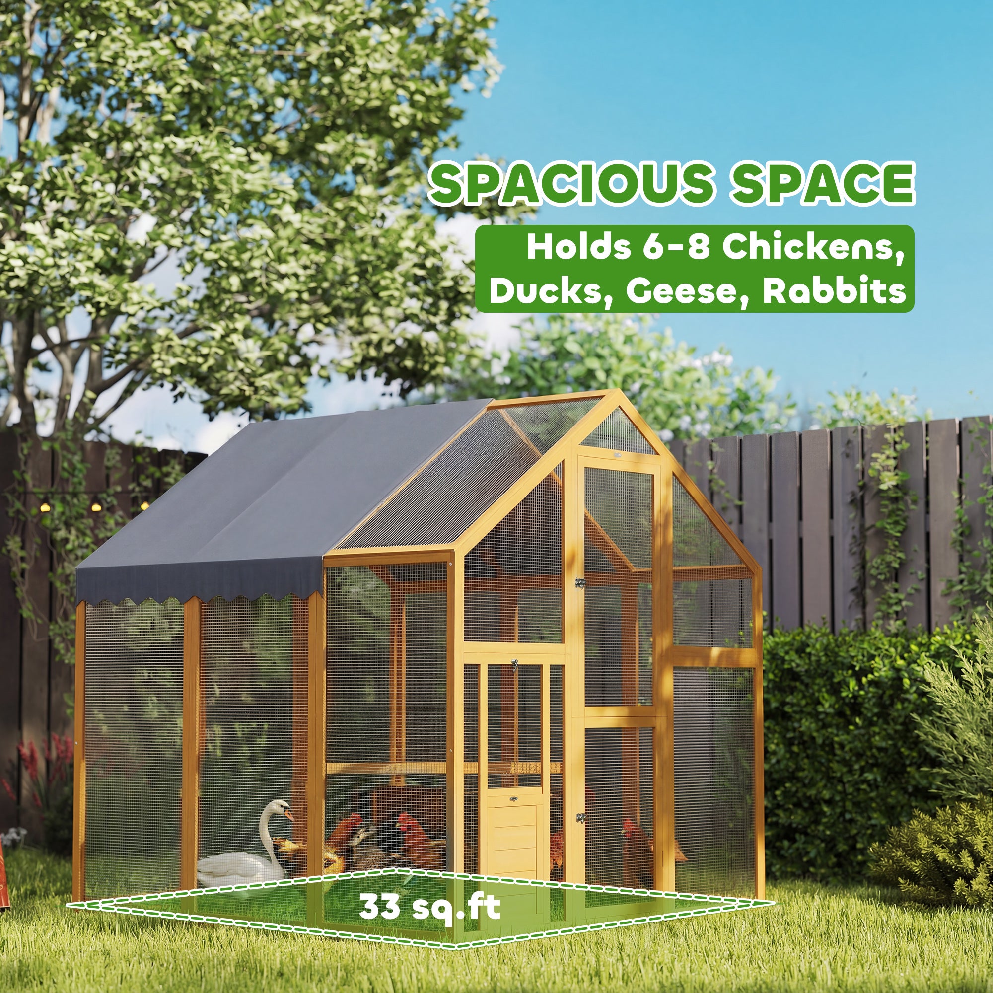 Large Wooden Chicken Coop for 6-8 Hens, Walk-in Chicken Run with Waterproof Cover, Nesting Boxes and Perches, Outdoor Poultry Cage Rabbit Hutch for Backyard, 66" x 72" x 72", Yellow
