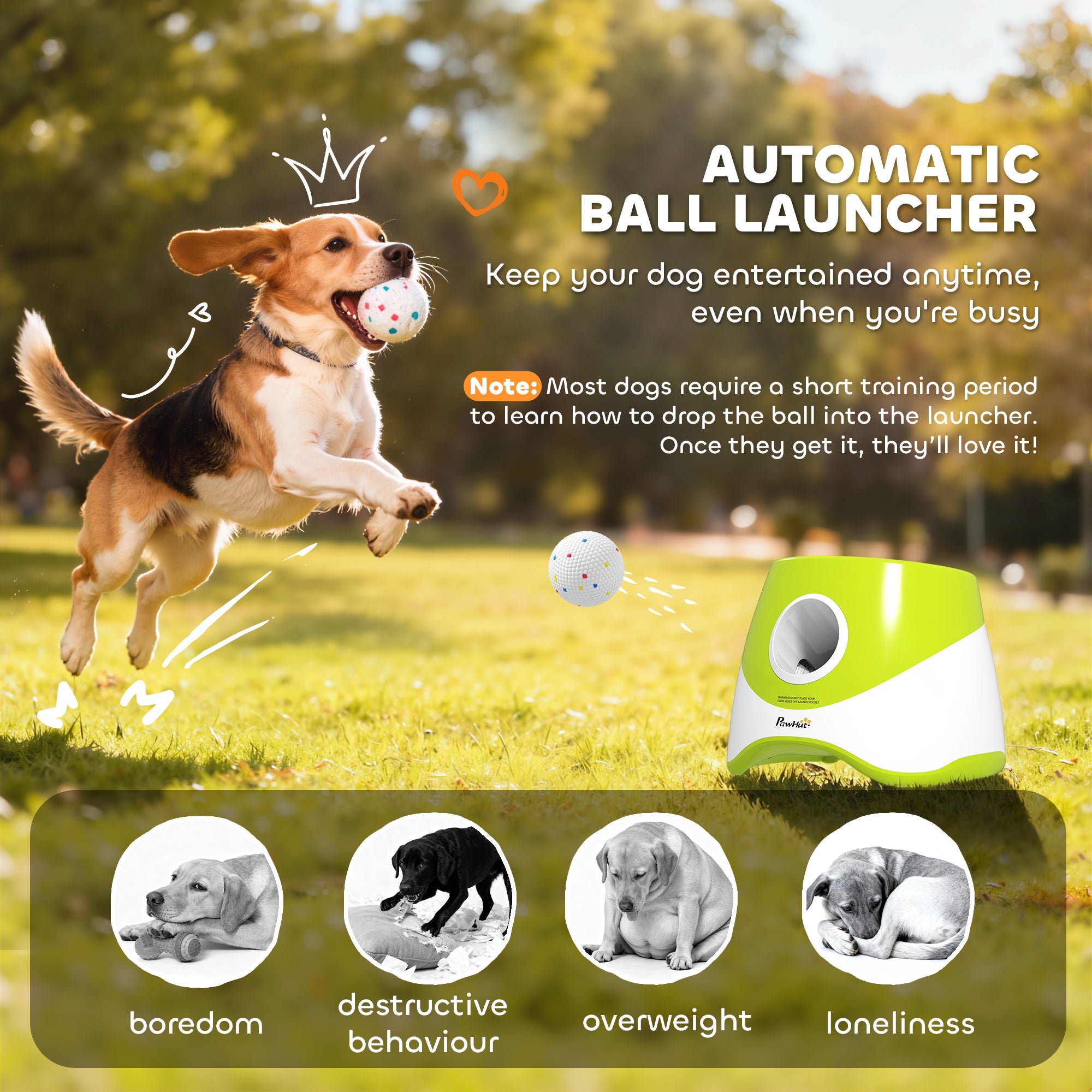 Automatic Dog Ball Launcher, Dog Ball Thrower with 5 2.3" ETPU Balls, 3 Distance Settings (20/33/46 ft) for Small Medium Pets, Interactive Fetch Machine for Indoor & Outdoor Play, Green