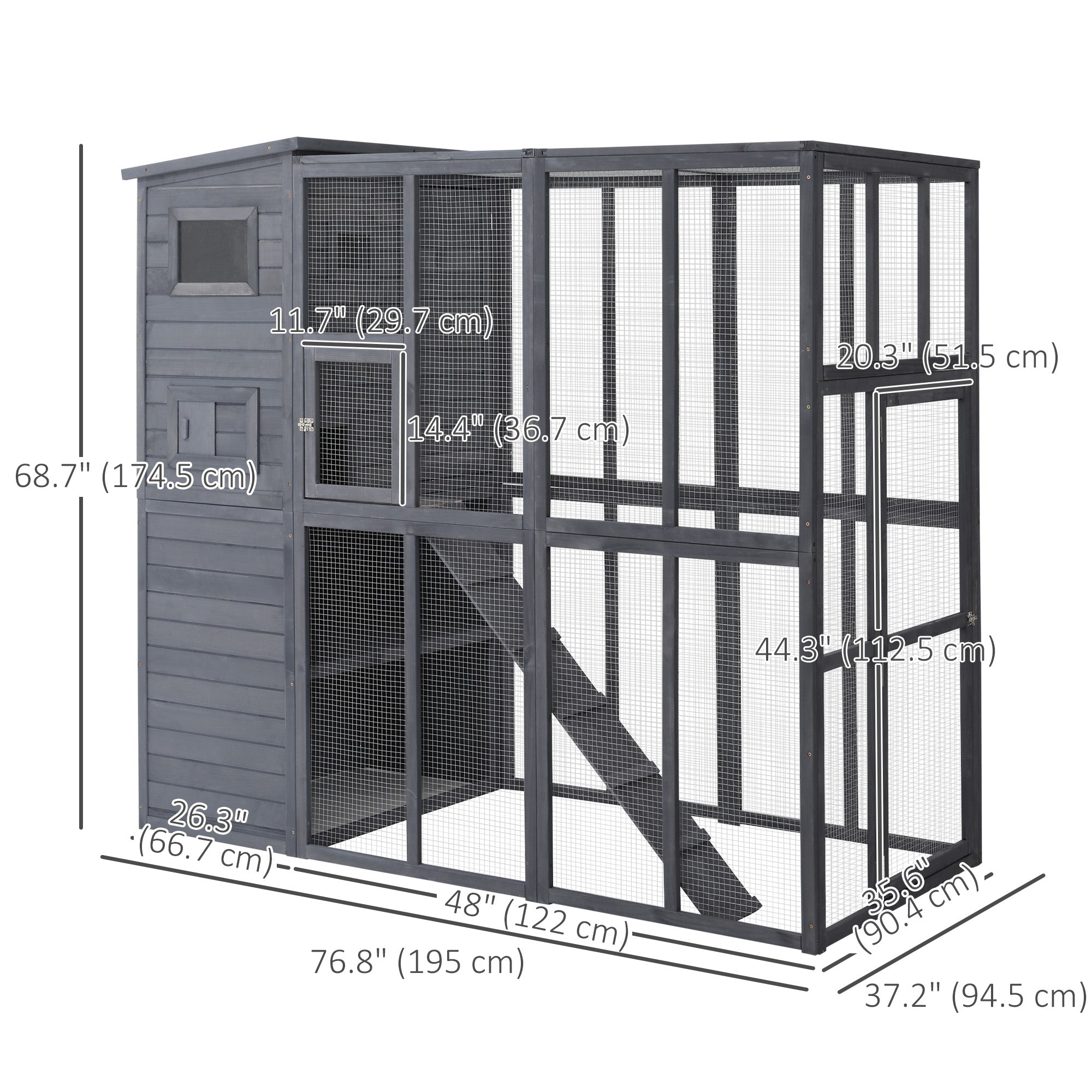 Large Catio Outdoor Cat Enclosure Weatherproof Cat House with Cat Condo, Indoor Wooden Cat Cage Pet Kennel, 77"L x 37"W x 69"H, Grey
