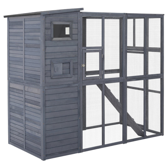 PawHut Catio Outdoor Cat Enclosure, Wooden Cat Patio Cat Window Box with Platforms, Waterproof Asphalt Roof, Ramps, 77" L, Gray