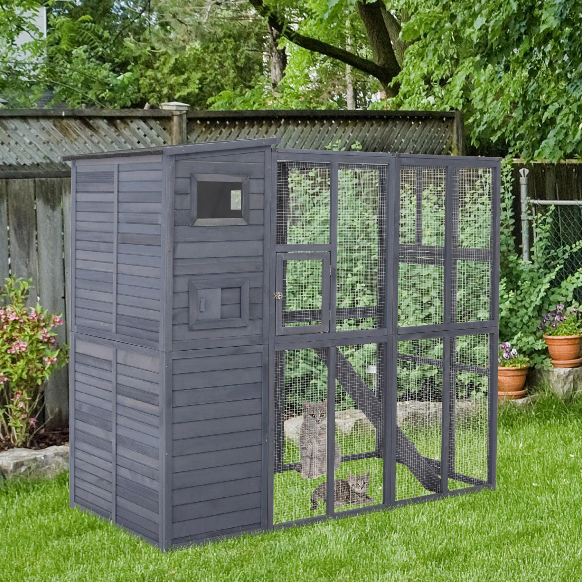 Large Catio Outdoor Cat Enclosure Weatherproof Cat House with Cat Condo, Indoor Wooden Cat Cage Pet Kennel, 77"L x 37"W x 69"H, Grey