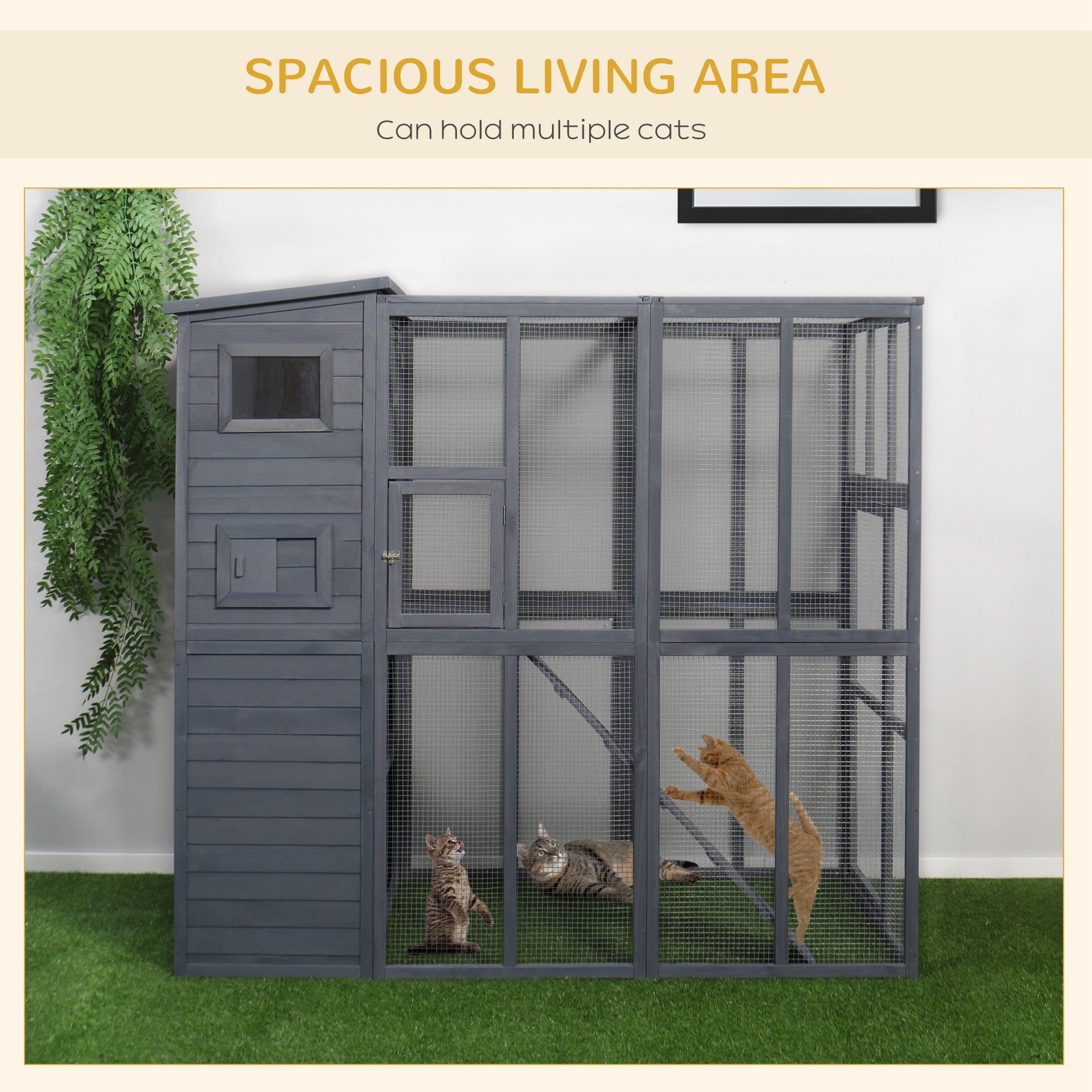 Large Catio Outdoor Cat Enclosure Weatherproof Cat House with Cat Condo, Indoor Wooden Cat Cage Pet Kennel, 77"L x 37"W x 69"H, Grey