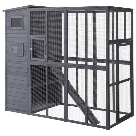 PawHut Catio Outdoor Cat Enclosure, Wooden Cat Patio Cat Window Box with Platforms, Waterproof Asphalt Roof, Ramps, 77" L, Gray