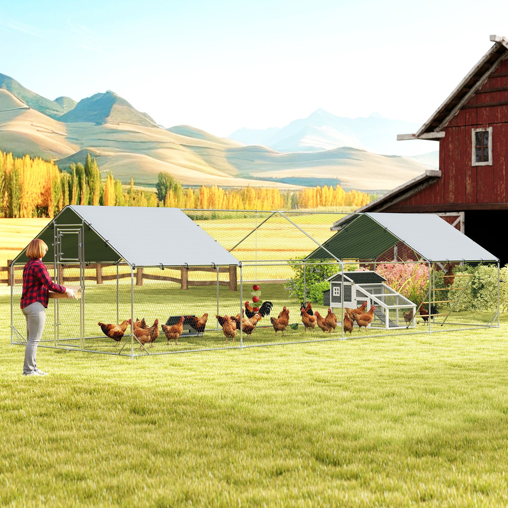 Metal Chicken Coop, 26' x 10' x 6.4' Large Chicken Run Hen House with Feeding Door, Waterproof Cover, Hanging Feeder, Perch, Poultry Cage for Outdoor, Backyard, Farm for 24-30 Hens