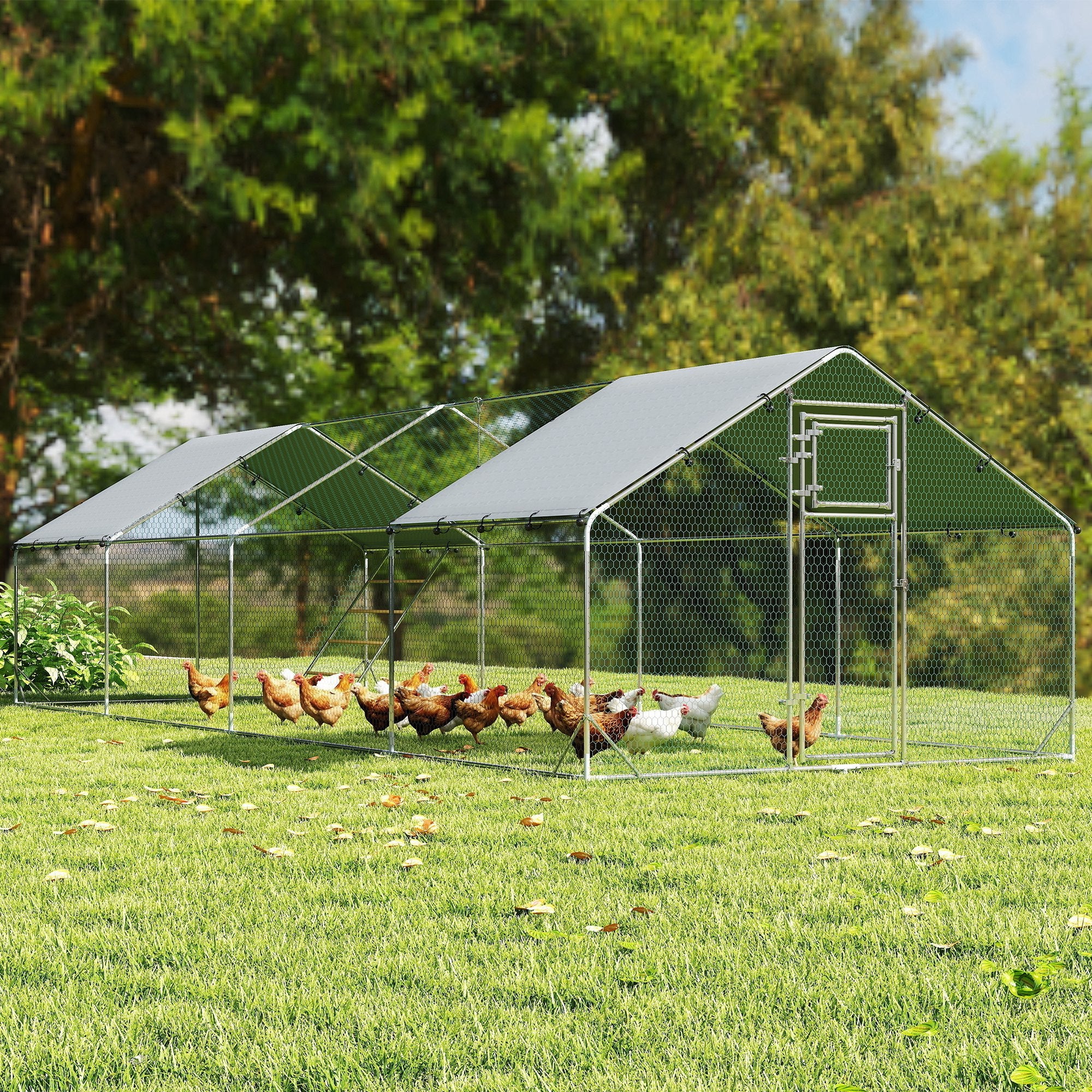 Metal Chicken Coop, 26' x 10' x 6.4' Large Chicken Run Hen House with Feeding Door, Waterproof Cover, Hanging Feeder, Perch, Poultry Cage for Outdoor, Backyard, Farm for 24-30 Hens
