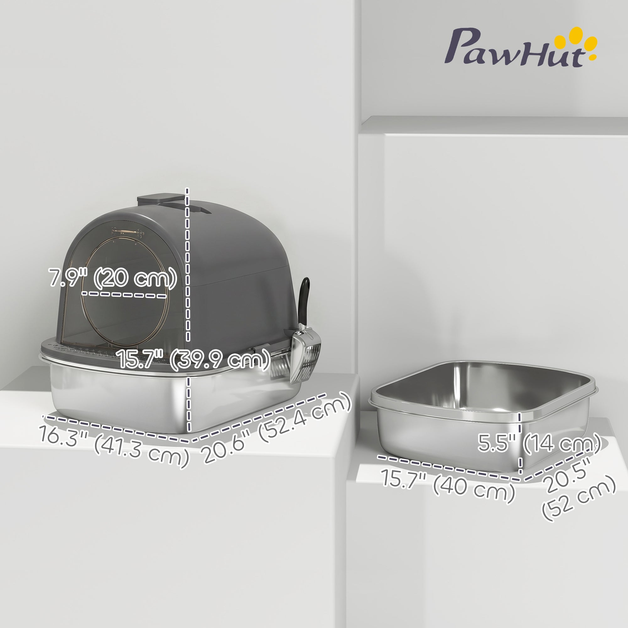 Stainless Steel Litter Box with Lid, Enclosed Cat Litter Box with Scoop, Deodorizer Bag, Handle, Odour Control, Non-Sticky and Easy to Clean, Dark Grey