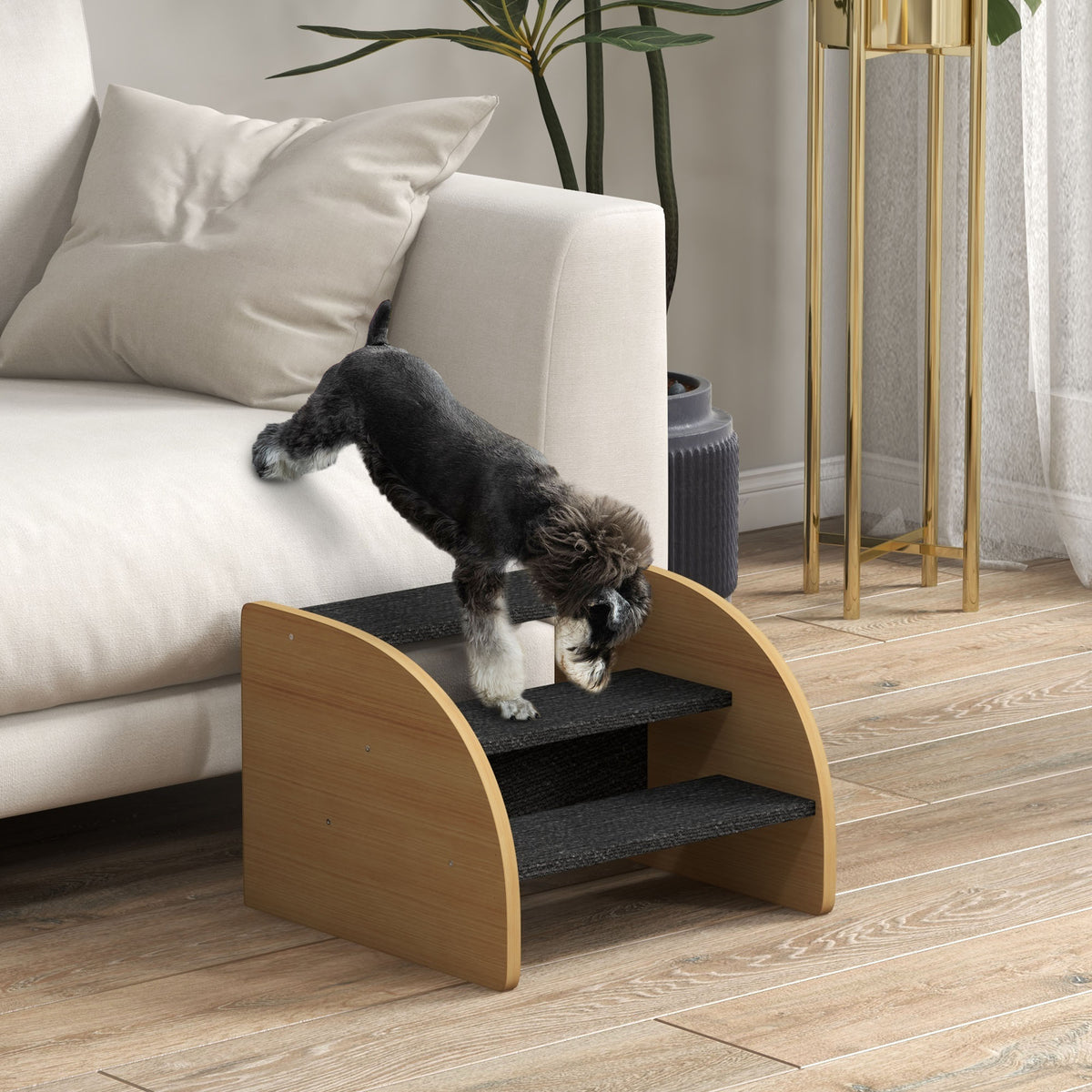 Dog Steps for Sofa and Bed, 3-Step Dog Stairs, Lightweight Pet Stairs with Side Panels, Non-Slip Feet for Small Puppies, Easy Assembly, Oak Finish