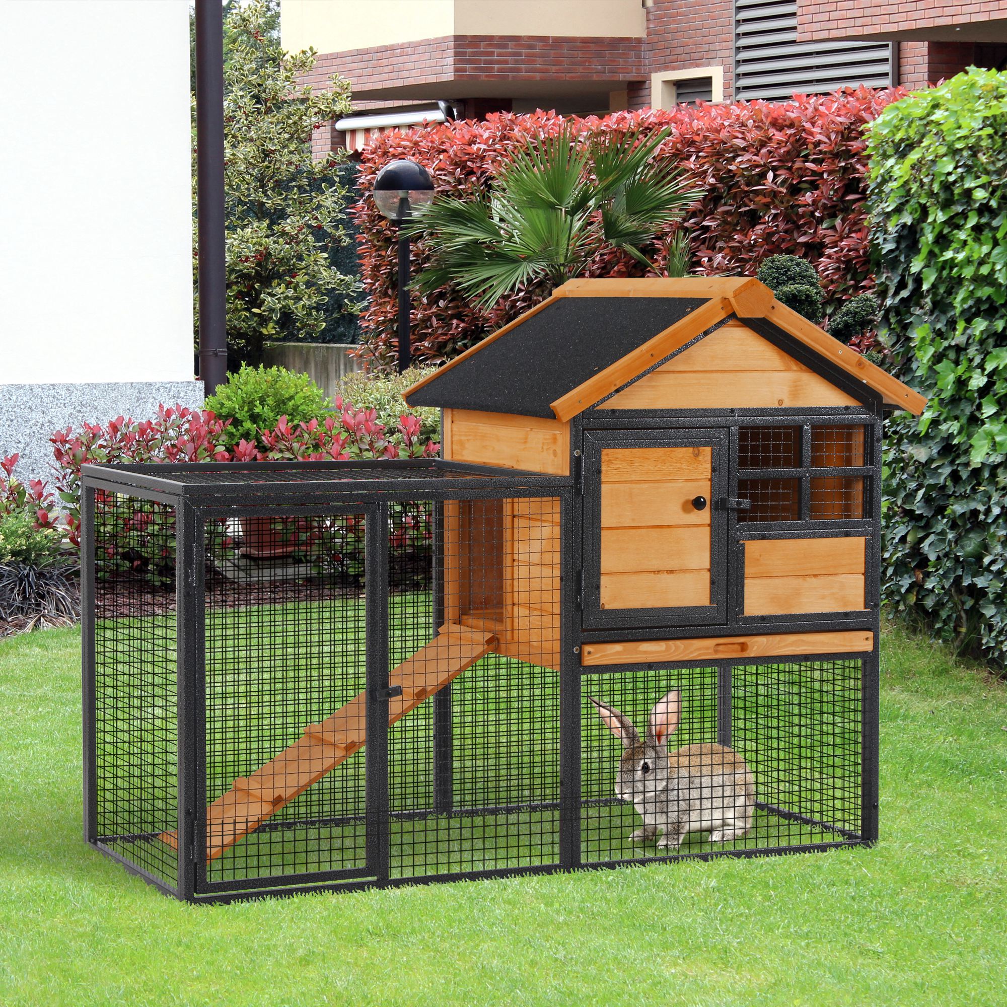 2-Level Rabbit Hutch Bunny House with Weatherproof Asphalt Roof, Removable Tray and Ramp for Rabbits, Chickens, Ducks, Outdoor