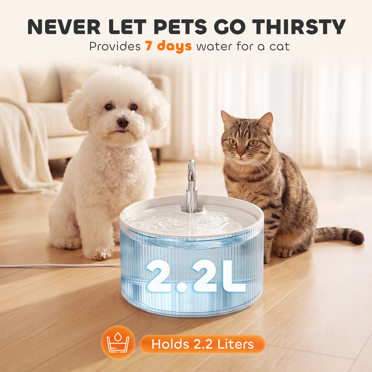 Ceramic Cat Water Fountain for Drinking, 2.2L Pet Water Fountain with Ultra-Quiet Pump, 4-Layer Filtration, Tap, Pet Drinking Dispenser for Cats and Dogs, Hygienic & Easy Clean, White