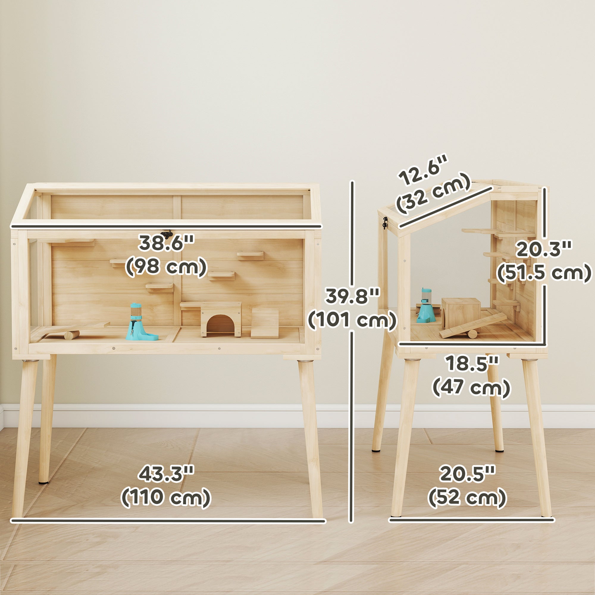 Wooden Hamster Cage, Gerbil Cage with Openable Top, Seesaws, Platforms, Water Bottle, Hamster Habitat with Transparent Viewing for Syrian, Dwarf, Rats, 43.3" x 20.5" x 39.8"