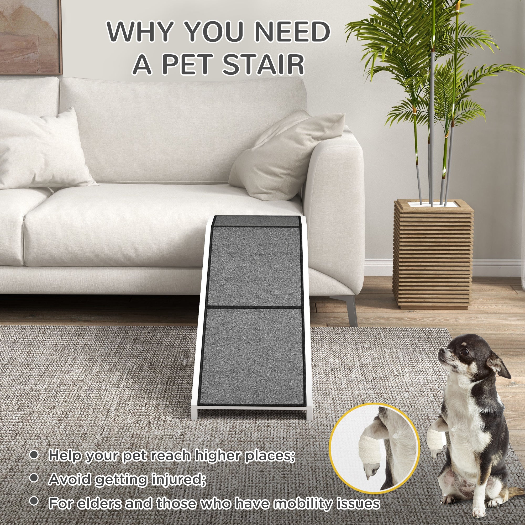 Pet Ramp Bed Steps for Dogs Cats Non-slip Carpet Top Platform Pine Wood 59"L x 16"W x 20"H White