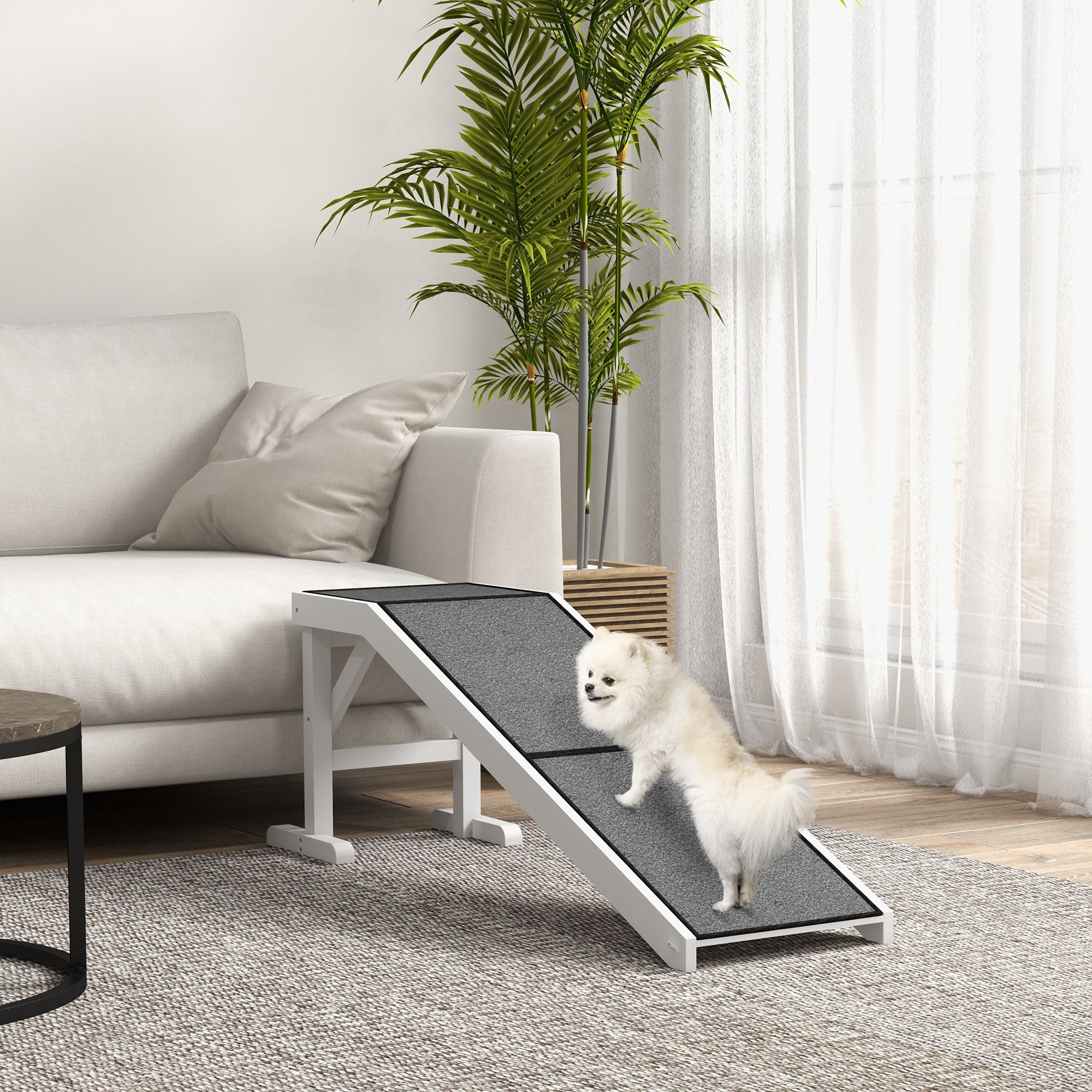 Pet Ramp Bed Steps for Dogs Cats Non-slip Carpet Top Platform Pine Wood 59"L x 16"W x 20"H White