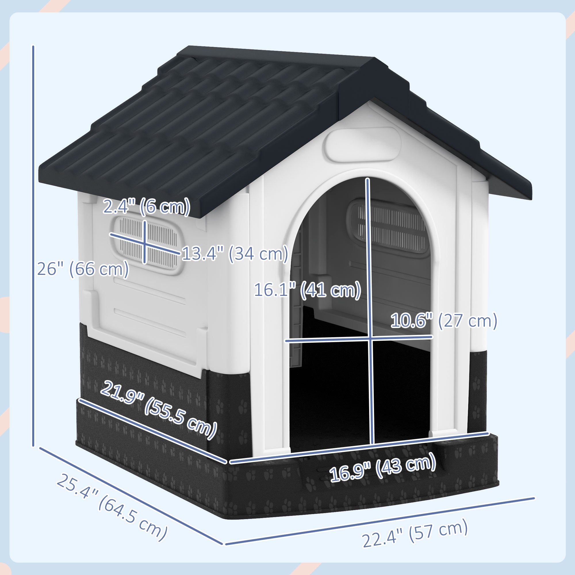 Outdoor Dog House, Plastic Dog Kennel, Water-Resistant Pet Shelter with Windows, Base Support for Garden Patio, Miniature Dogs, 25" x 22" x 26" - Dark Grey