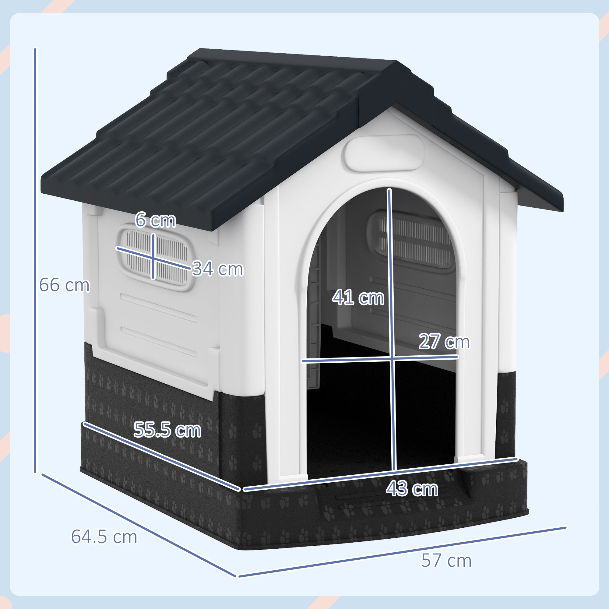Dog Kennel for Outside, Plastic Dog House, Water-Resistant Pet Shelter with Windows, for Garden Patio, Miniature Dogs, 64.5 x 57 x 66cm - Grey