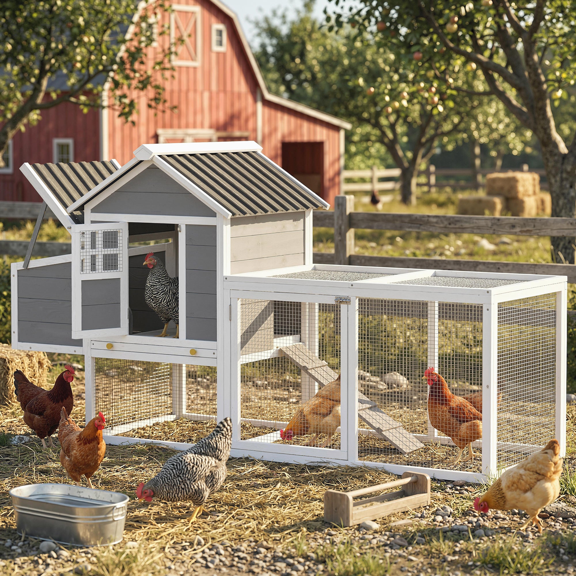 82" Wooden Chicken Coop, Large Outdoor Hen House Poultry Hutch for 2-3 Hens, Chicken House with Nesting Box, Pull-on Tray, Waterproof Roof, Ramp and Roosting Bars for Backyard, Gray