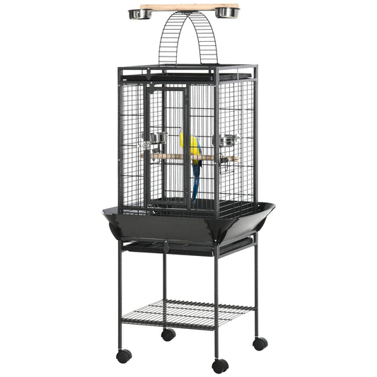156cm Bird Cage,Large Parrot Cage with Open Play Top, Perch, Seed Guard, Wheels, Storage Shelf for Budgie, Cockatiel, Conure, Lovebird, Dark Grey