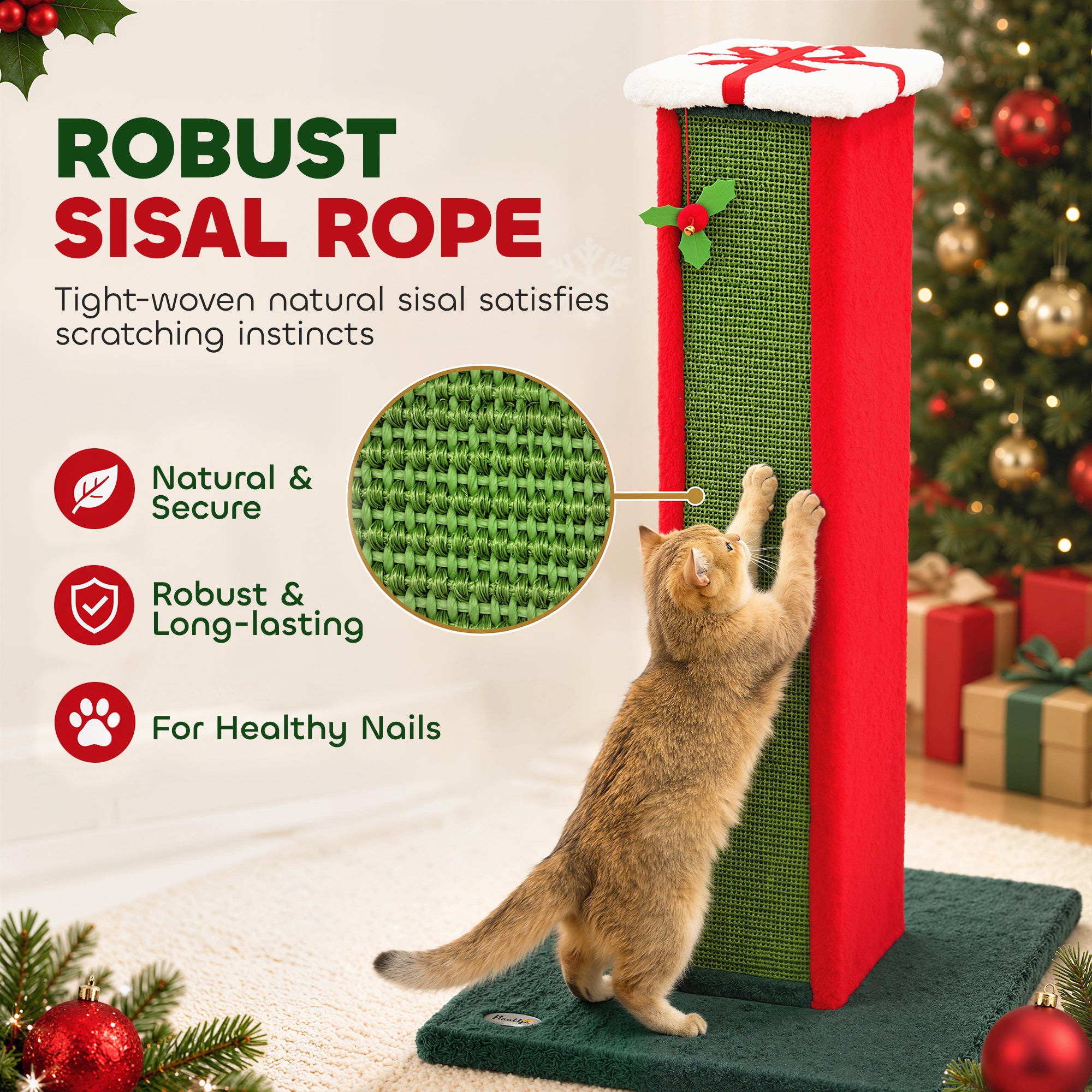 Cat Scratching Post for Indoor Cats, 81cm Tall Cat Scratcher with Sisal Rope, Hanging Bell Toy and Stable Base, Green and Red