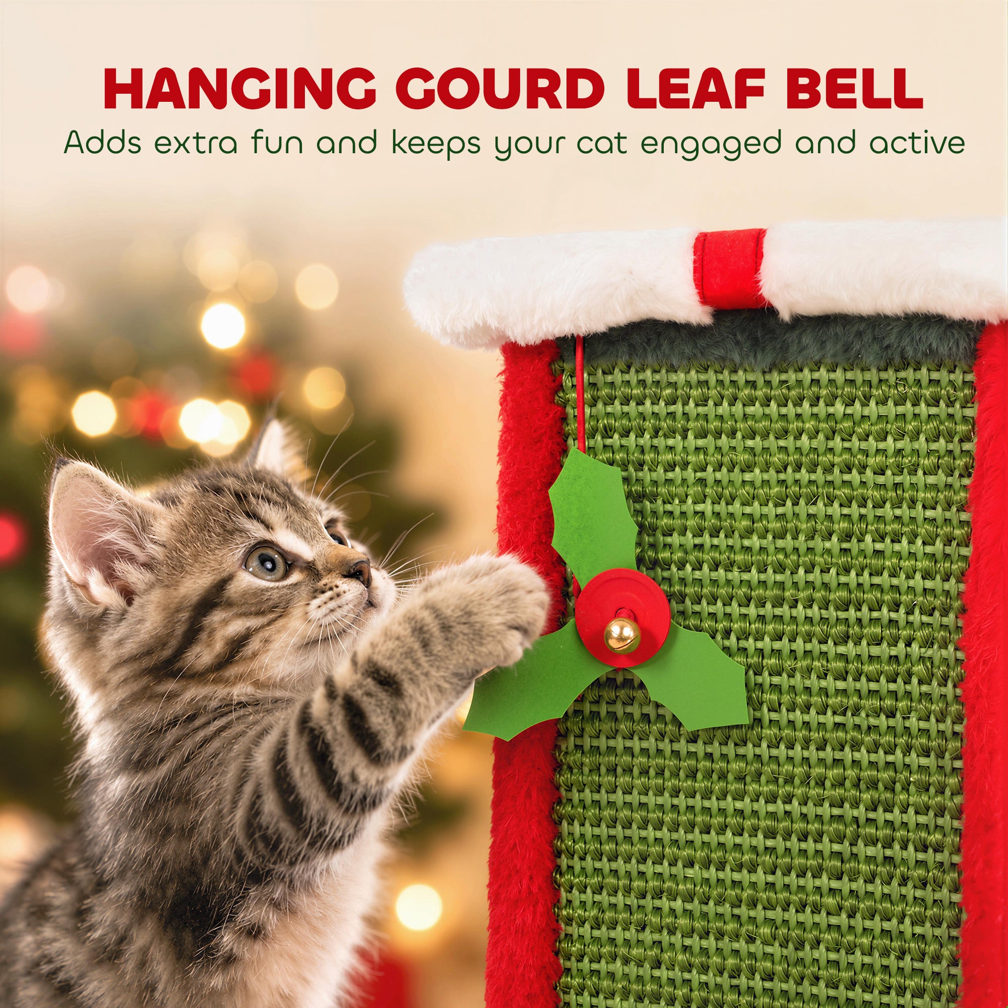 Cat Scratching Post for Indoor Cats, 81cm Tall Cat Scratcher with Sisal Rope, Hanging Bell Toy and Stable Base, Green and Red