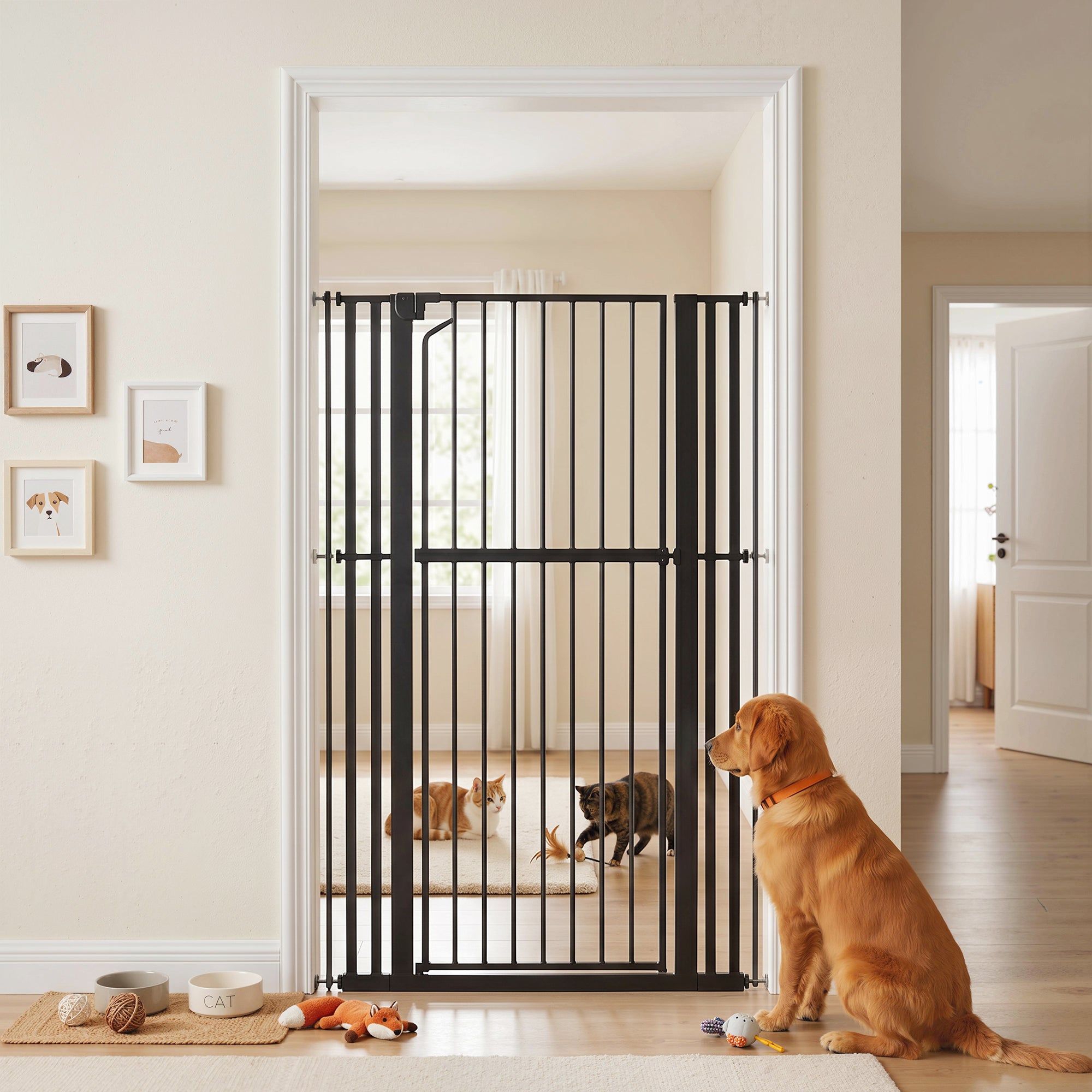 63" Extra Tall Pet Gate for Cats and Dogs, 30-41" Wide Adjustable Pressure Mounted Baby Gate for Doorways, Hallways, Stairs, Includes 2 Extensions, No Drilling, Auto Close
